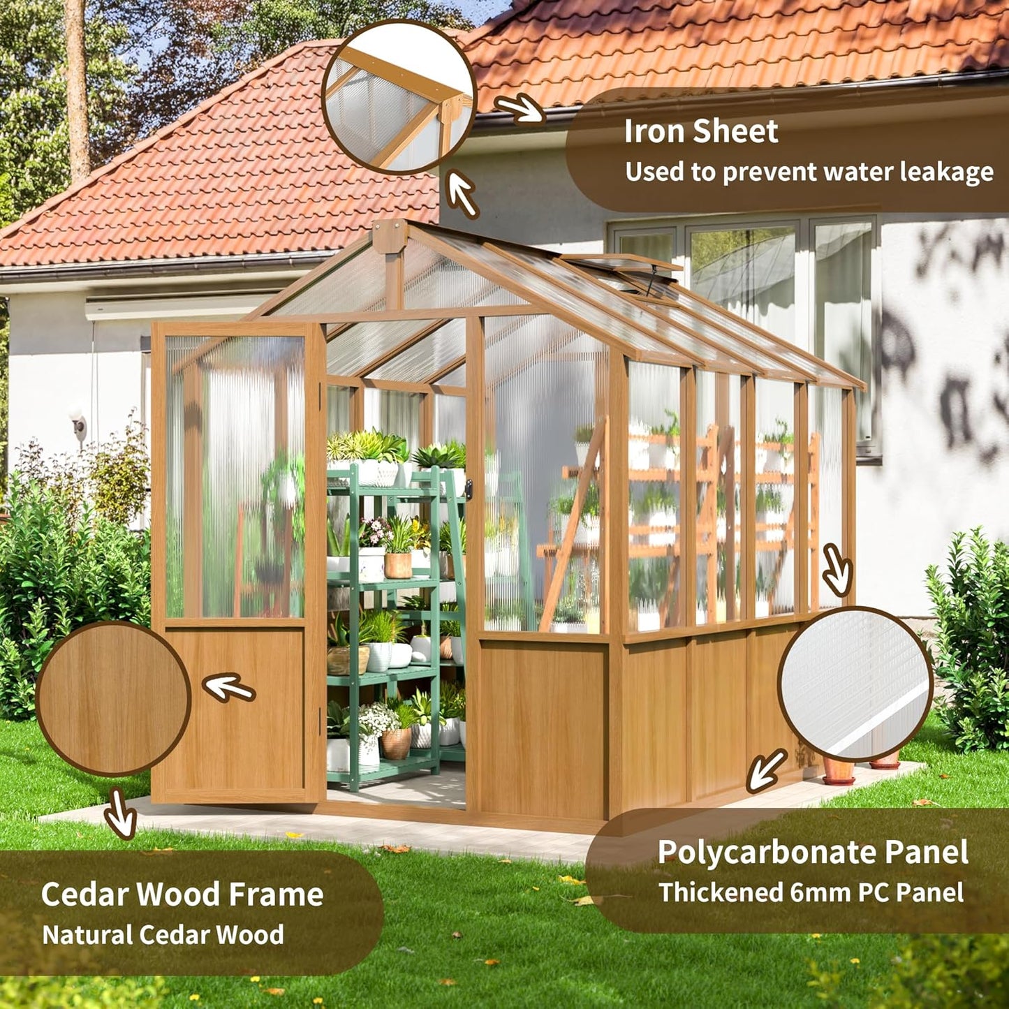 NETAJE 6'x8' Outdoor Wooden Greenhouse, Heavy Duty Walk-in Green House with Ventilated Window and Lockable Door for Backyard, Patio