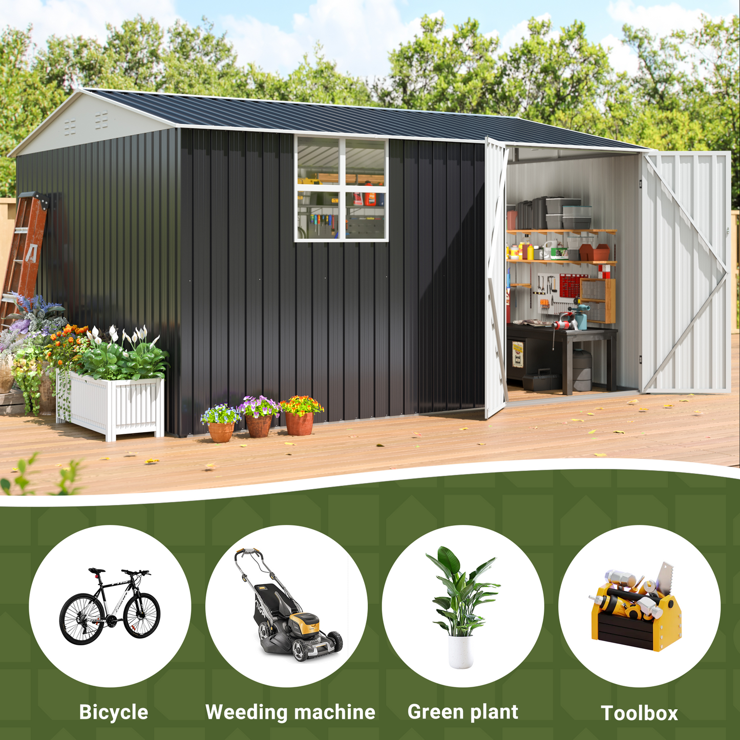 10'x12' Outdoor Metal Storage Garden Shed with Window, Lockable Doors and Air Vent for Backyard, Garden, Lawn