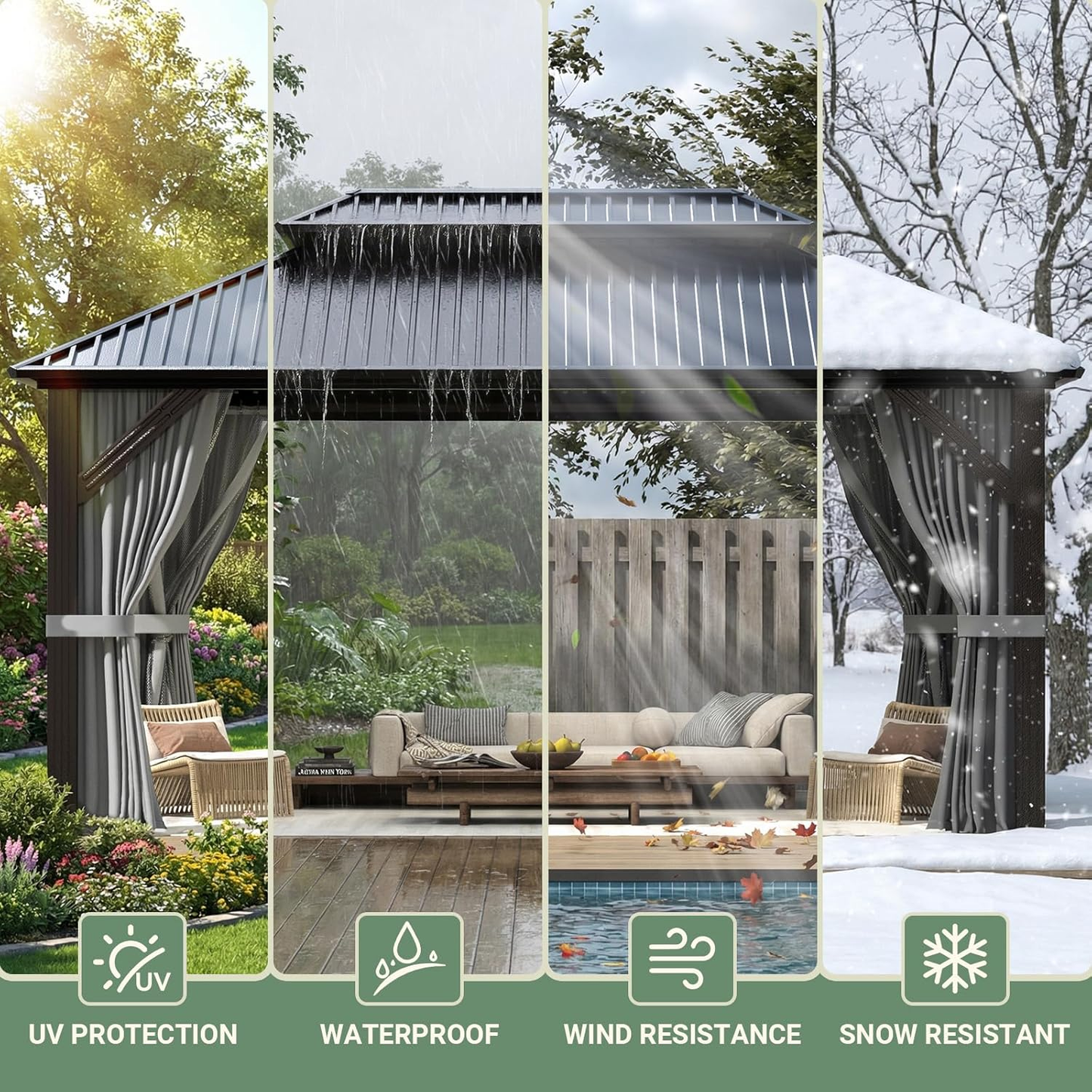 NETAJE 10x14 FT Hardtop Gazebo, Heavy Duty Gazebo with Aluminum Frame, Galvanized Steel Double Roof & Mosquito Net for Garden, Patio, Grey