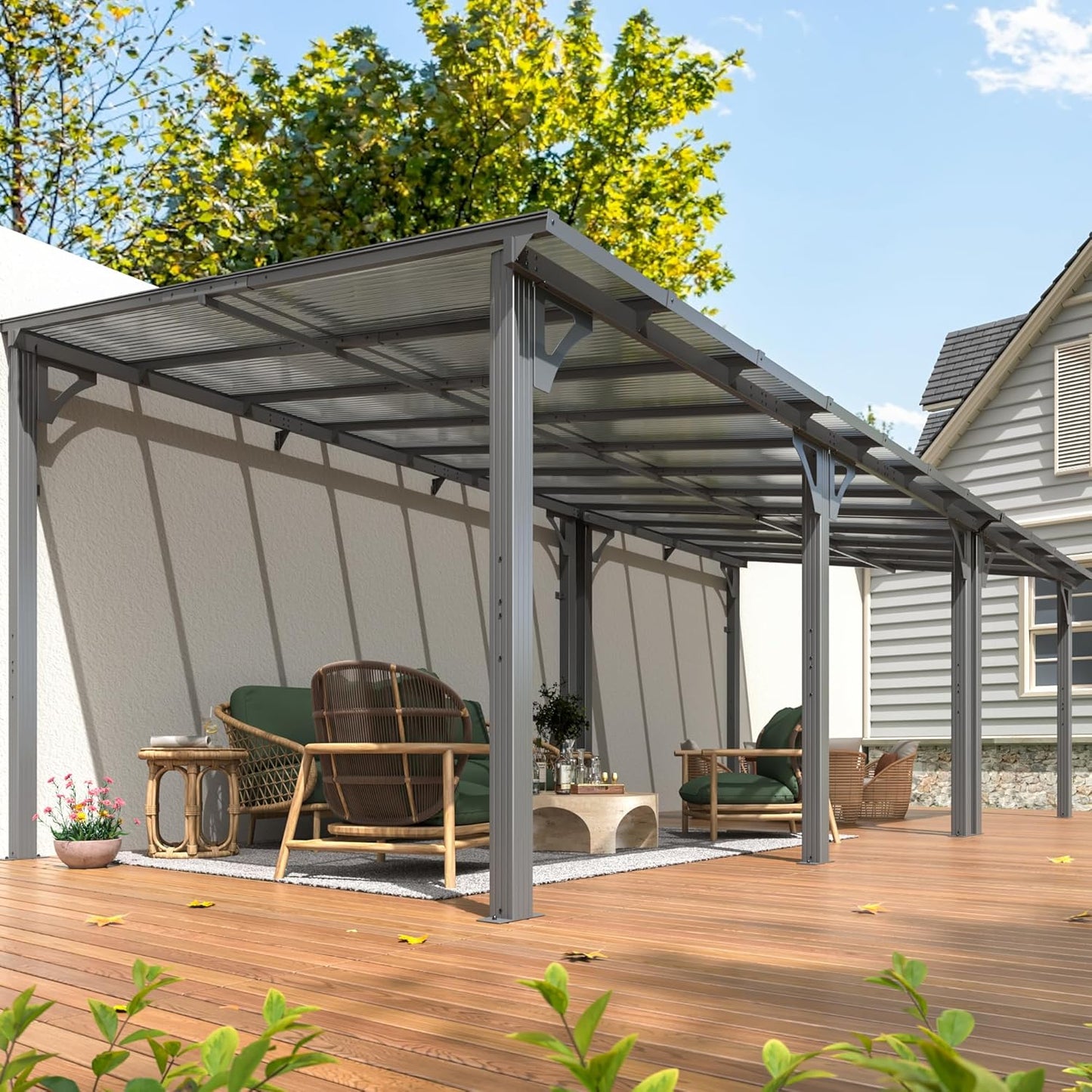 NETAJE 10'x22' Outdoor Splicable Gazebo, Hardtop Wall Mounted Gazebo & Pergola with Aluminum Frame and Sloping Roof, for Backyard, Deck, Patio-Gray