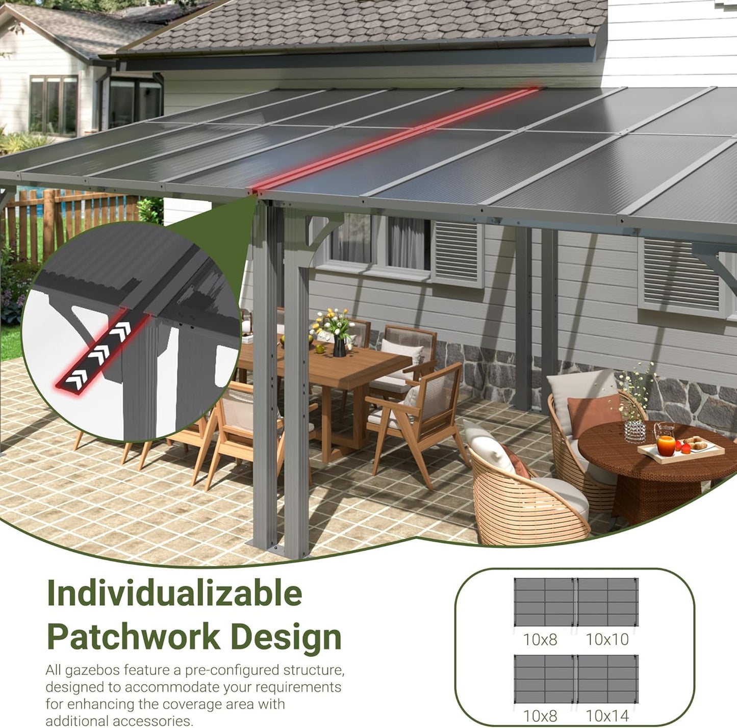 NETAJE 10'x22' Outdoor Splicable Gazebo, Hardtop Wall Mounted Gazebo & Pergola with Aluminum Frame and Sloping Roof, for Backyard, Deck, Patio-Gray