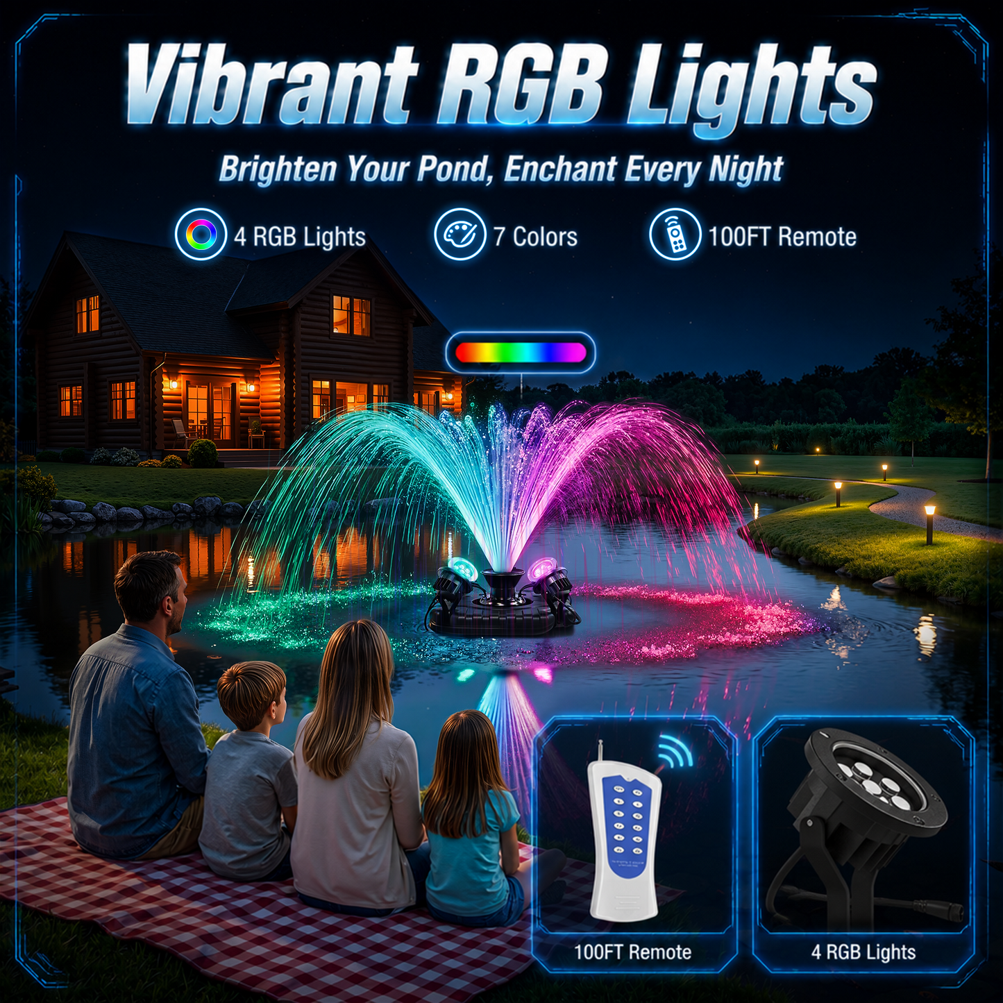 NETAJE Pond Fountain Aerator with 4 Color Changing LED Lights & Remote, Outdoor Water Fountain Pump for Ponds & Lakes,1HP 110V 750W 15000 GPH,Black