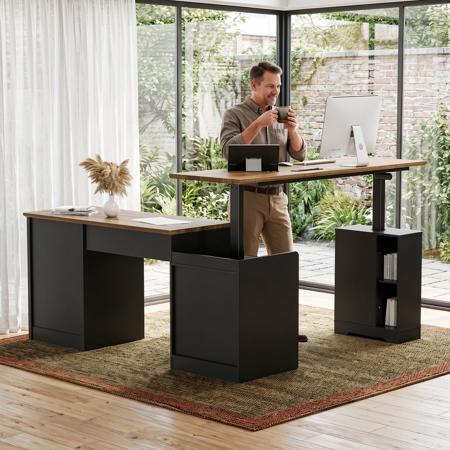 NETAJE L Shaped Electric Standing Desk, Height Adjustable Sit Stand Computer Desk with Power Outlet, Reversible Home Office Desk