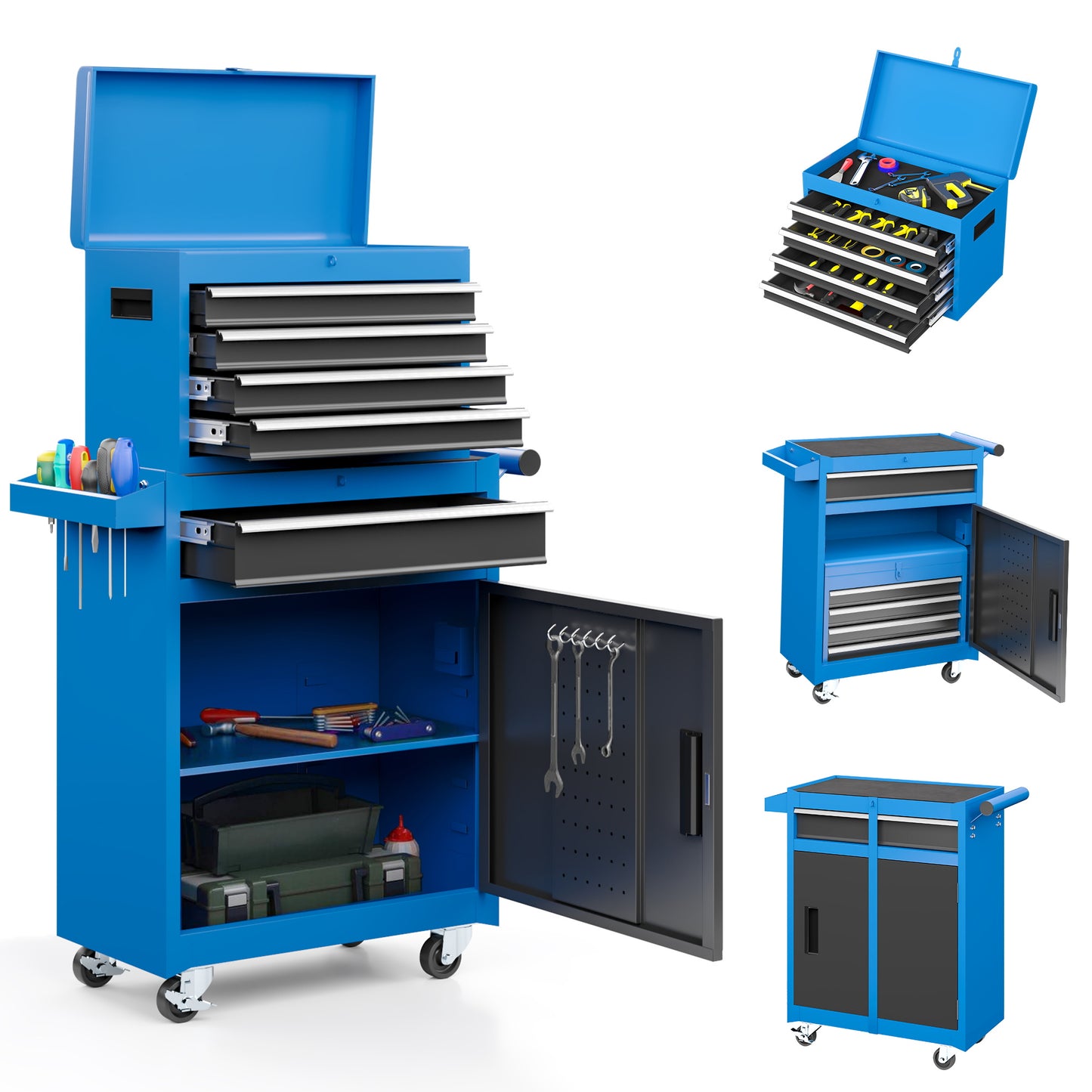 MUCHANT 5-Drawer Rolling Tool Chest, 2-in-1 Tool Box& Cabinet with Wheels, Drawers and Removable Top Tool Box for Garage, Warehouse, Workshop, Repair Shop, Blue