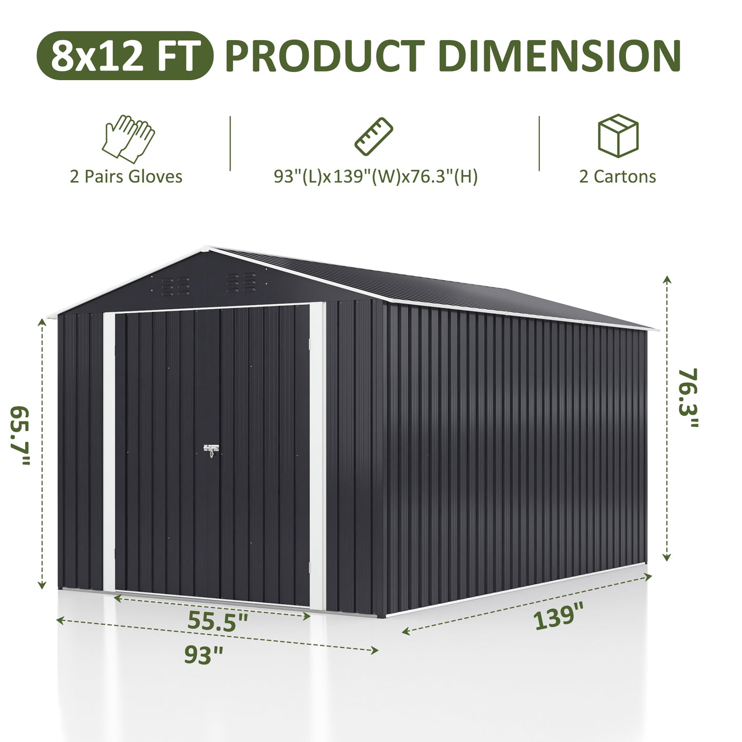 MUCHANT 8'x12' Outdoor Metal Storage Shed with Updated Frame Structure and Lockable Doors, Steel Garden Tool Sheds for Backyard, Patio, Lawn, Gray