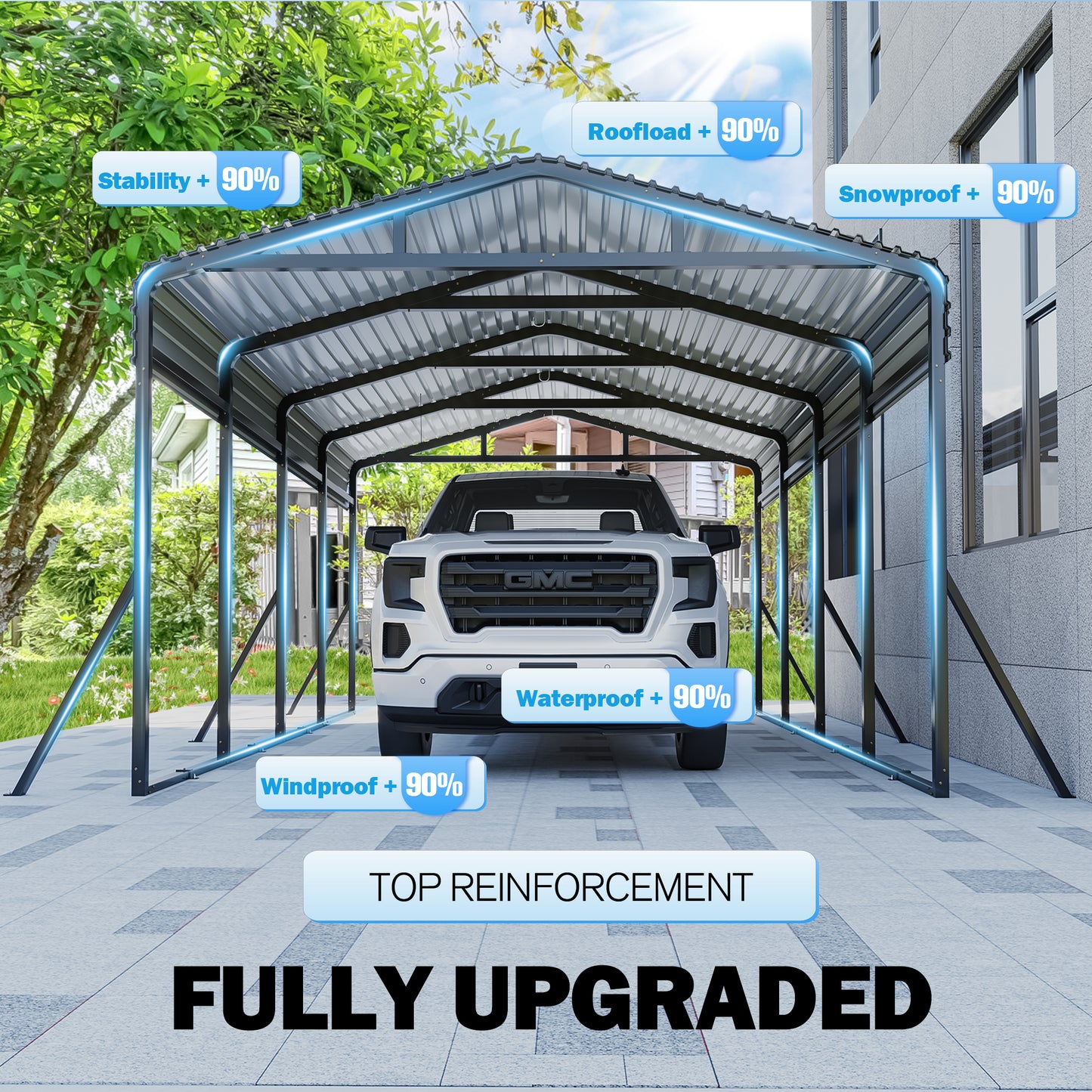 12’X20’ Outdoor Heavy-Duty Carport Galvanized Steel Roof with Reinforced Stable Triangle Frame & Enhanced Base for Car, Pickup and Truck