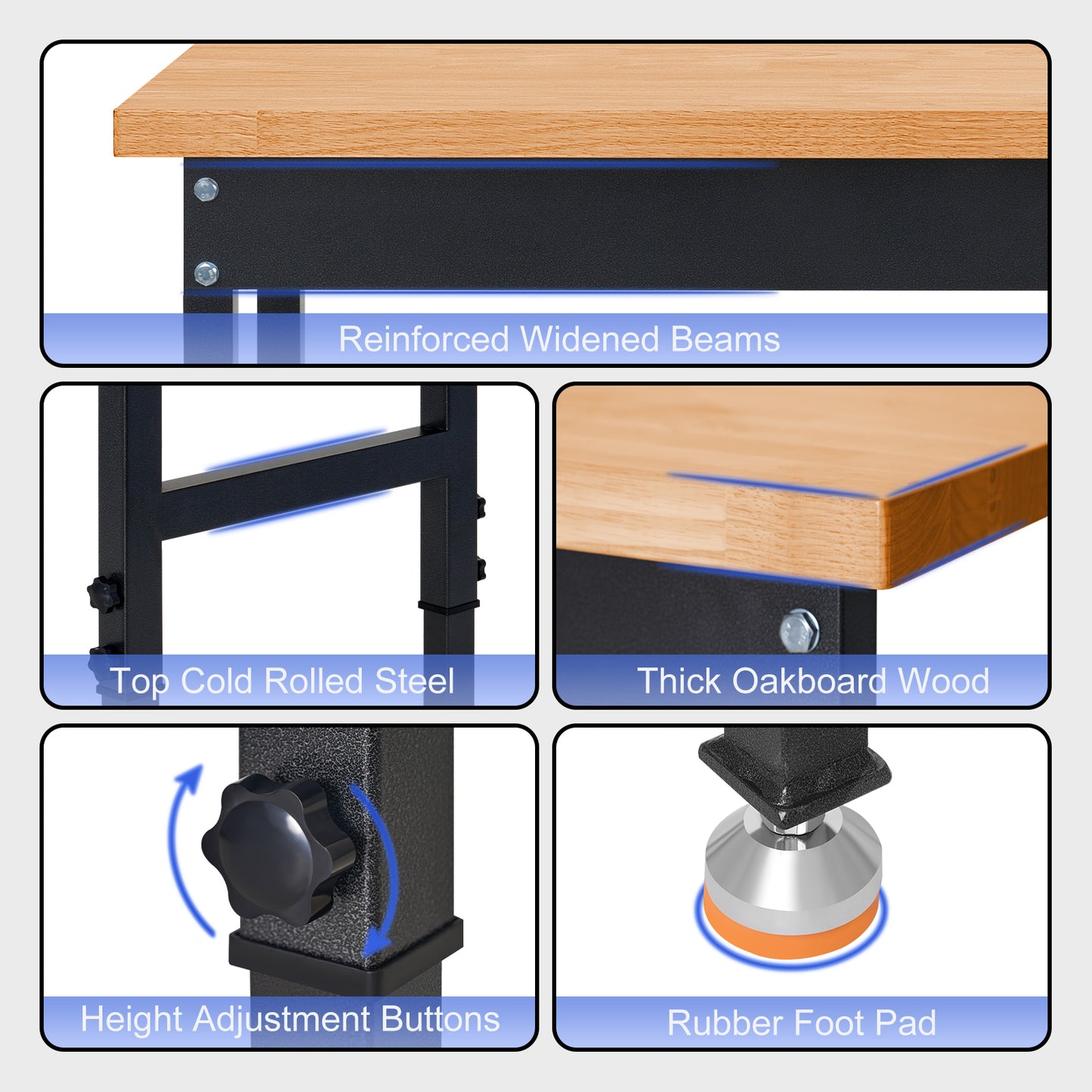 48" Heavy-Duty Work Bench Adjustable Workbench portable Work Table 2000 LB Load Capacity w/Hardwood Top, Foot Pads and Metal Frame for Garage, Workshop, Office, Home, Workstatio