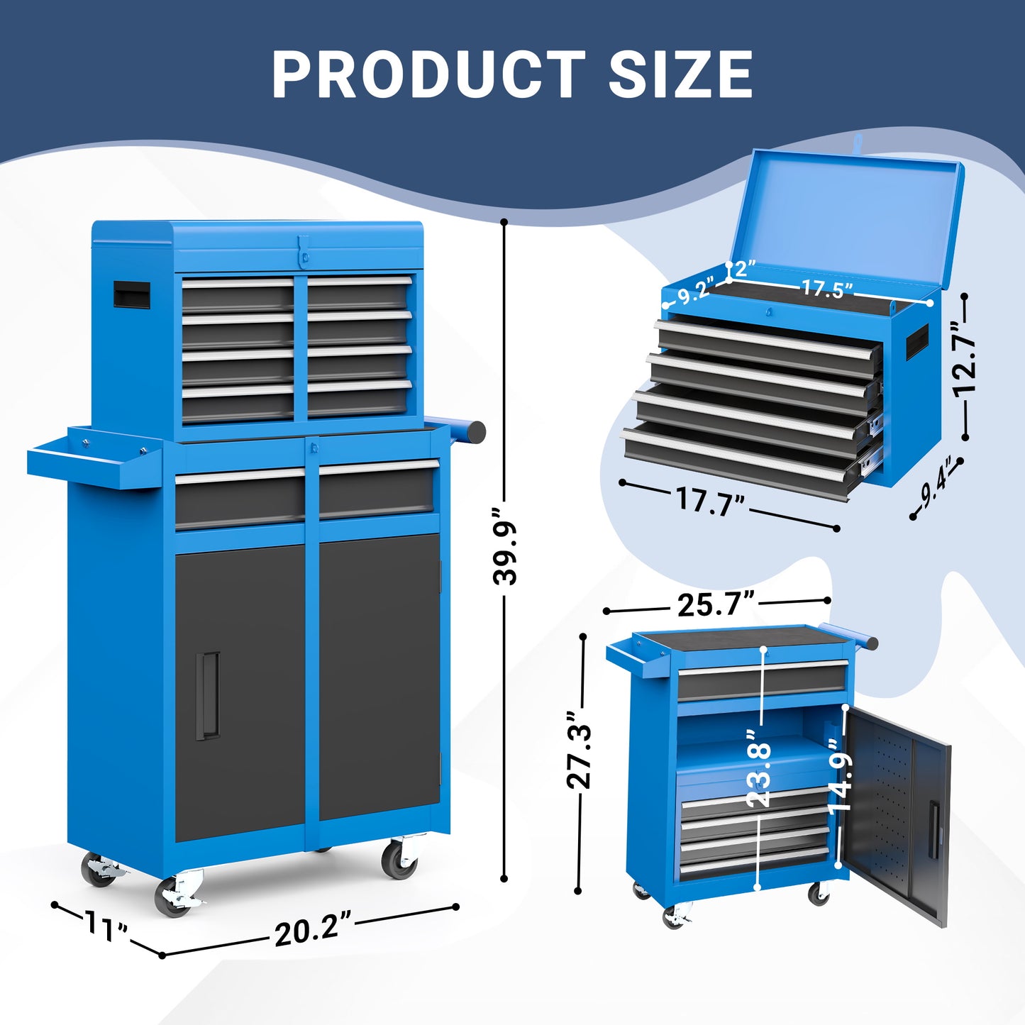MUCHANT 5-Drawer Rolling Tool Chest, 2-in-1 Tool Box& Cabinet with Wheels, Drawers and Removable Top Tool Box for Garage, Warehouse, Workshop, Repair Shop, Blue