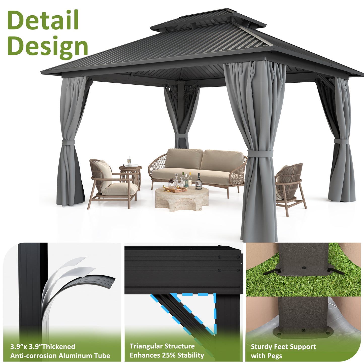 10x12 FT Hardtop Gazebo, Heavy Duty Gazebo with Aluminum Frame and Galvanized Steel Double Roof for Garden, Patio, Lawns, Grey
