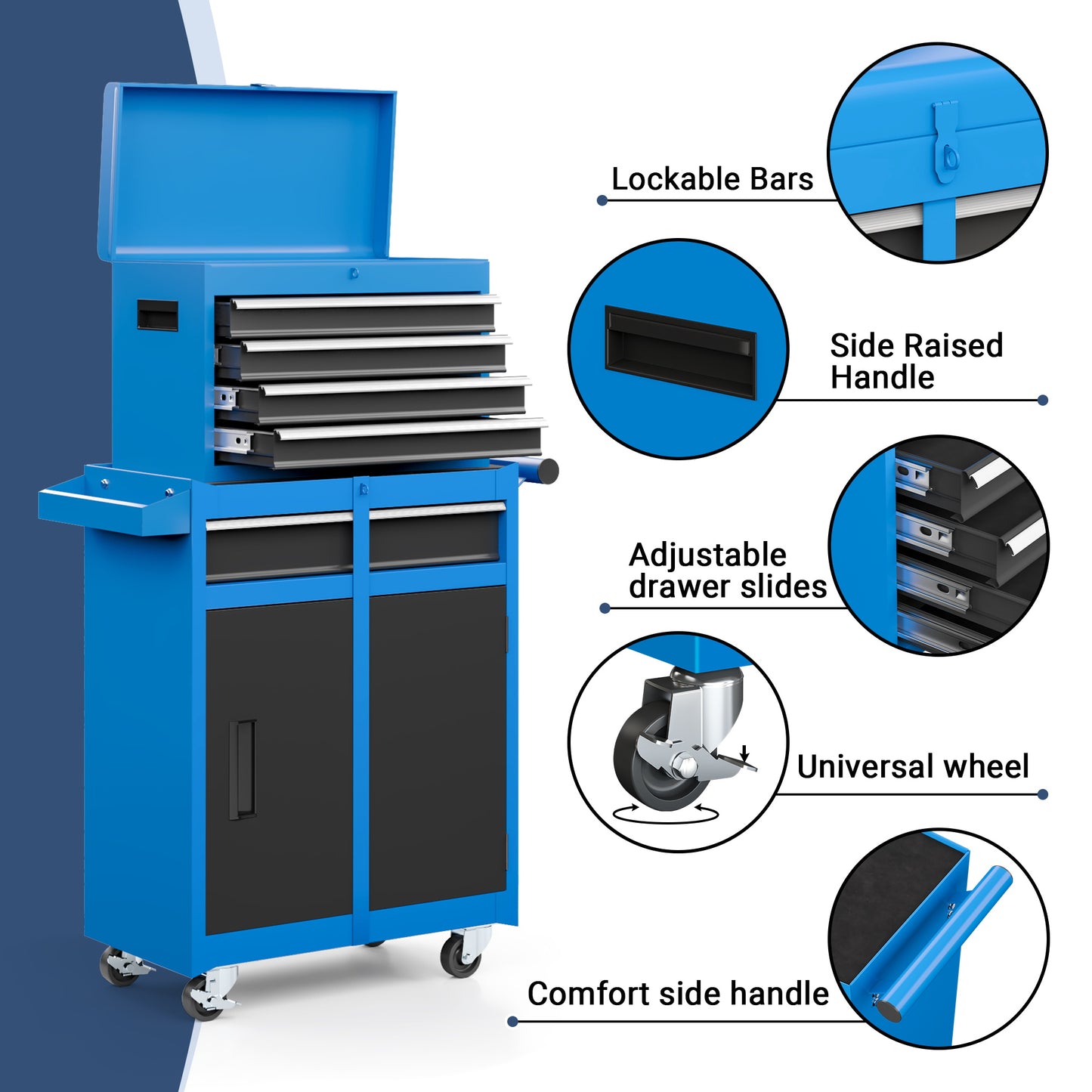 MUCHANT 5-Drawer Rolling Tool Chest, 2-in-1 Tool Box& Cabinet with Wheels, Drawers and Removable Top Tool Box for Garage, Warehouse, Workshop, Repair Shop, Blue