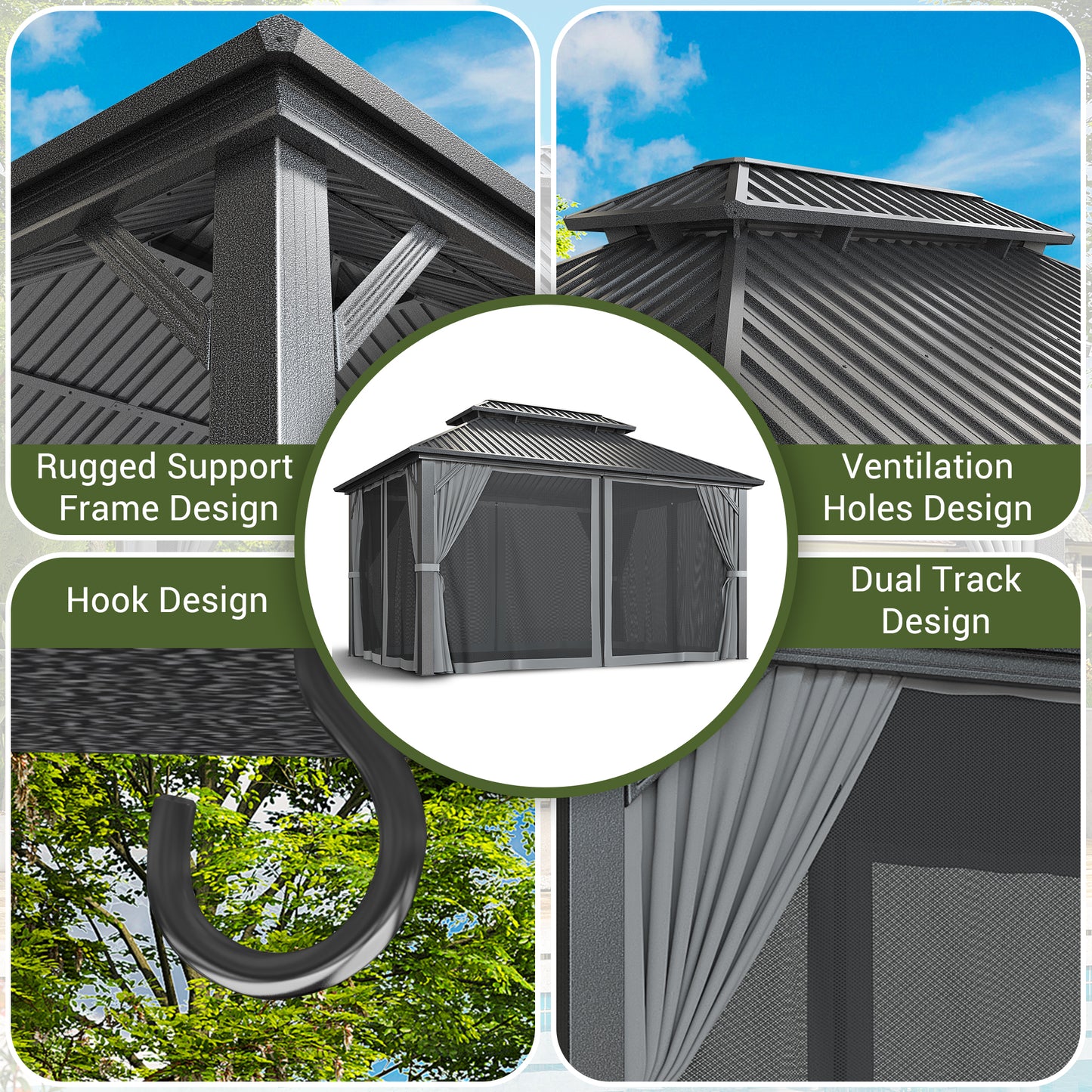 NETAJE 10x14 FT Hardtop Gazebo, Heavy Duty Gazebo with Aluminum Frame, Galvanized Steel Double Roof & Mosquito Net for Garden, Patio, Grey
