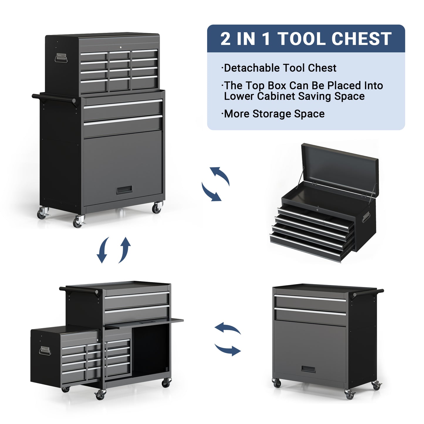 MUCHANT 8-Drawer Rolling Tool Chest, 2-in-1 Tool Box& Cabinet with Wheels, Drawers and Removable Top Tool Box for Garage, Warehouse, Workshop, Repair Shop, Black
