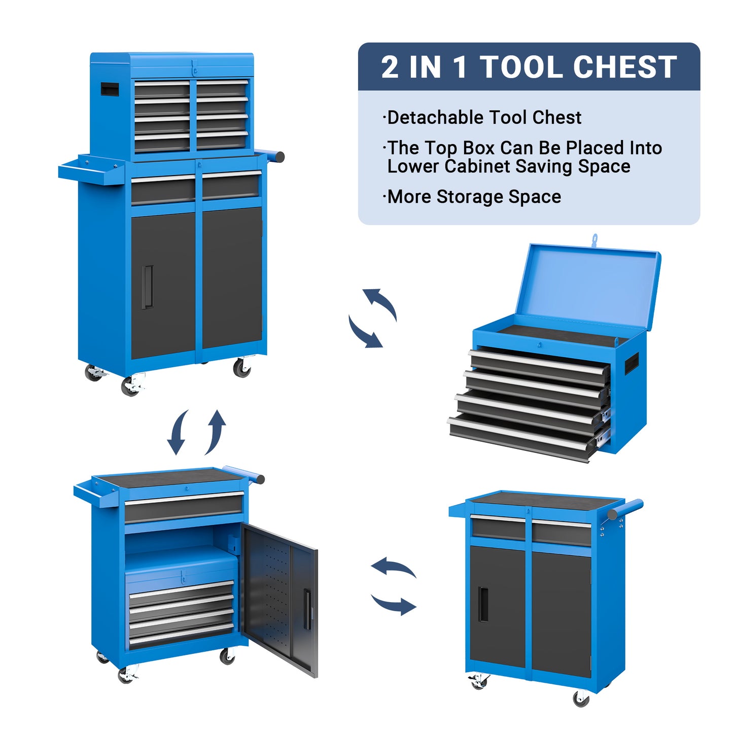MUCHANT 5-Drawer Rolling Tool Chest, 2-in-1 Tool Box& Cabinet with Wheels, Drawers and Removable Top Tool Box for Garage, Warehouse, Workshop, Repair Shop, Blue