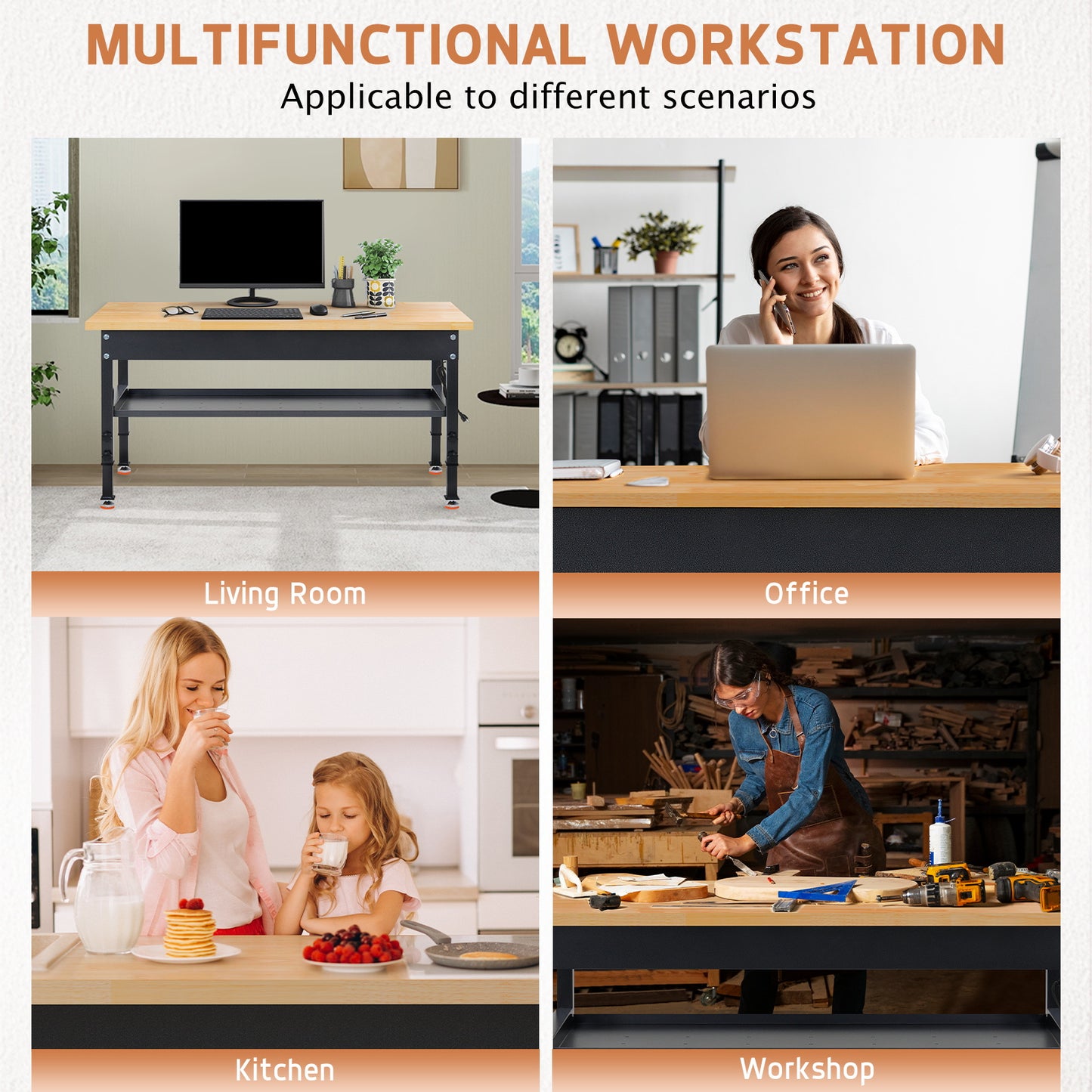 48" Heavy-Duty Workbench Adjustable Work Bench Work Table 2000 LB Load Capacity w/Hardwood Top, Foot Pads, Partition and Power Outlets for Garage, Workshop, Office, Home, Workstation