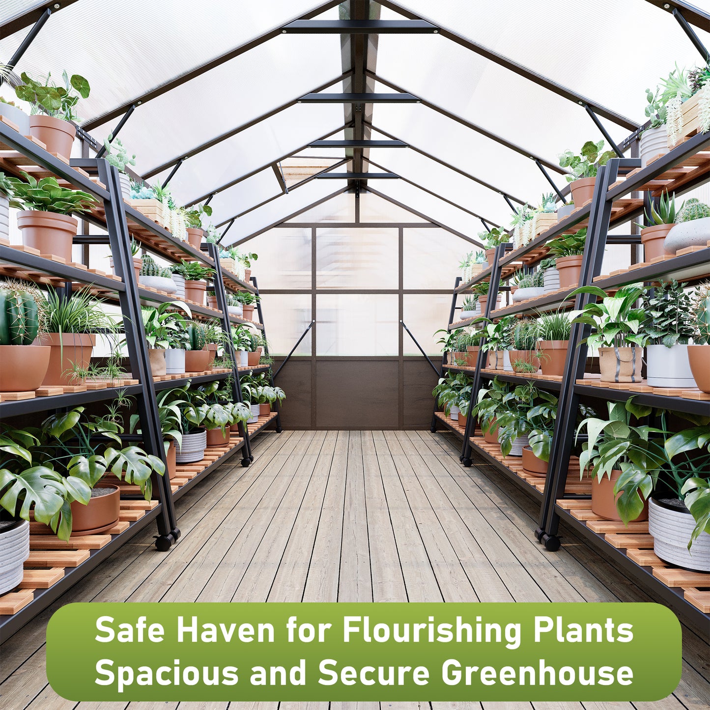 NETAJE 8'x16' Outdoor Wooden Greenhouse, Heavy Duty Walk in Polycarbonate Greenhouse with Ventilated Window, Locked Door and Roof Vent for Patio, Garden, Backyard, Brown