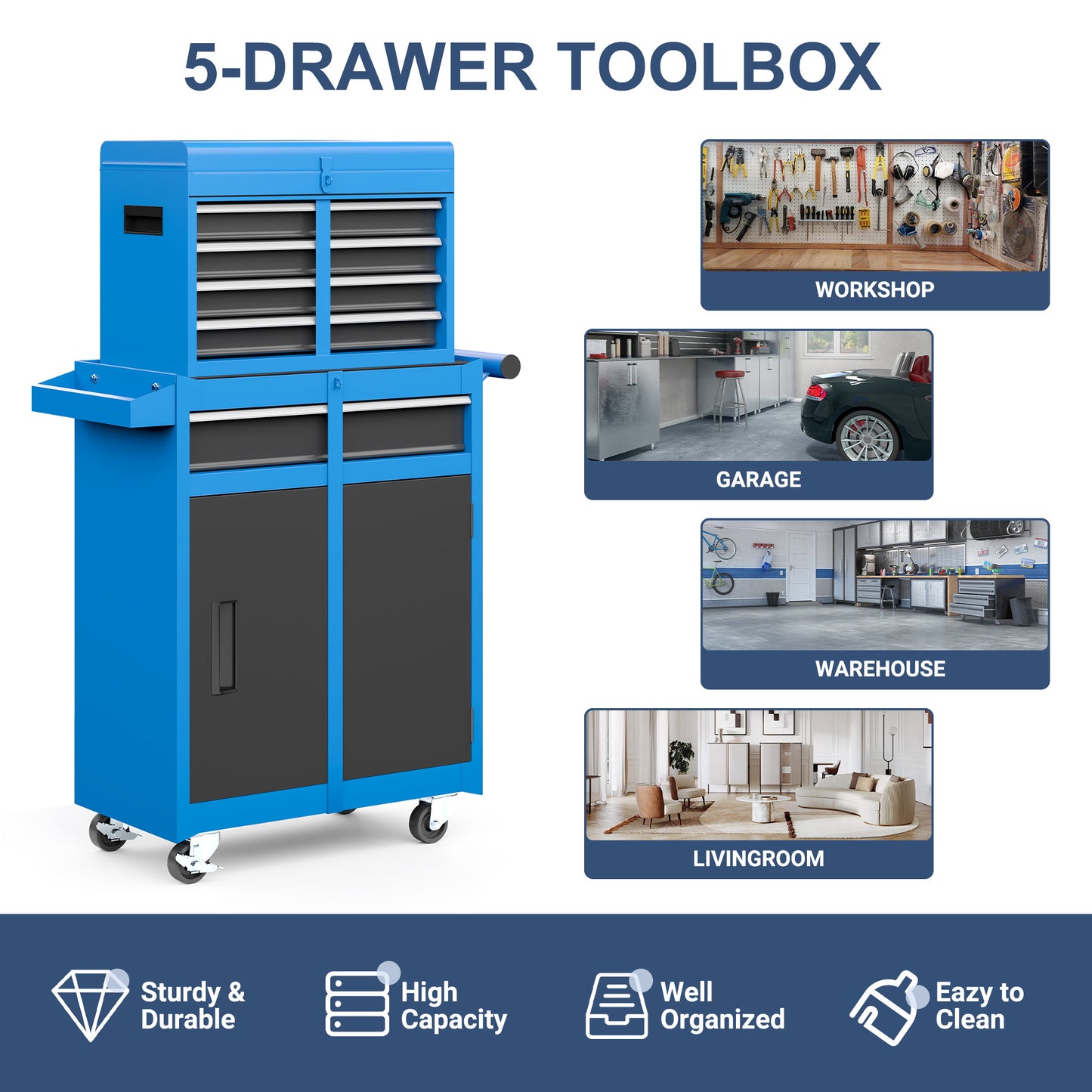 MUCHANT 5-Drawer Rolling Tool Chest, 2-in-1 Tool Box& Cabinet with Wheels, Drawers and Removable Top Tool Box for Garage, Warehouse, Workshop, Repair Shop, Blue