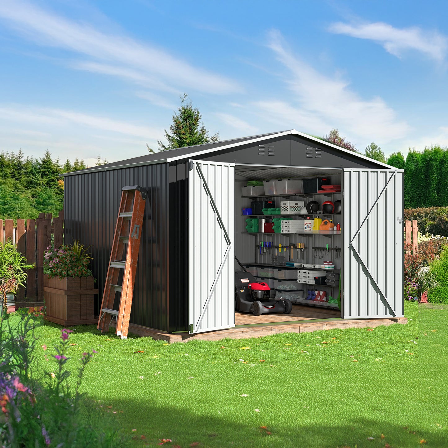 MUCHANT 10'x10' Outdoor Metal Storage Shed with Updated Frame Structure and Lockable Doors, Steel Garden Tool Sheds for Backyard, Patio, Lawn, Gray