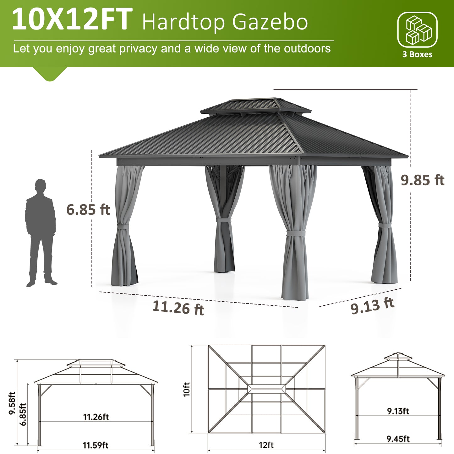 10x12 FT Hardtop Gazebo, Heavy Duty Gazebo with Aluminum Frame and Galvanized Steel Double Roof for Garden, Patio, Lawns, Grey