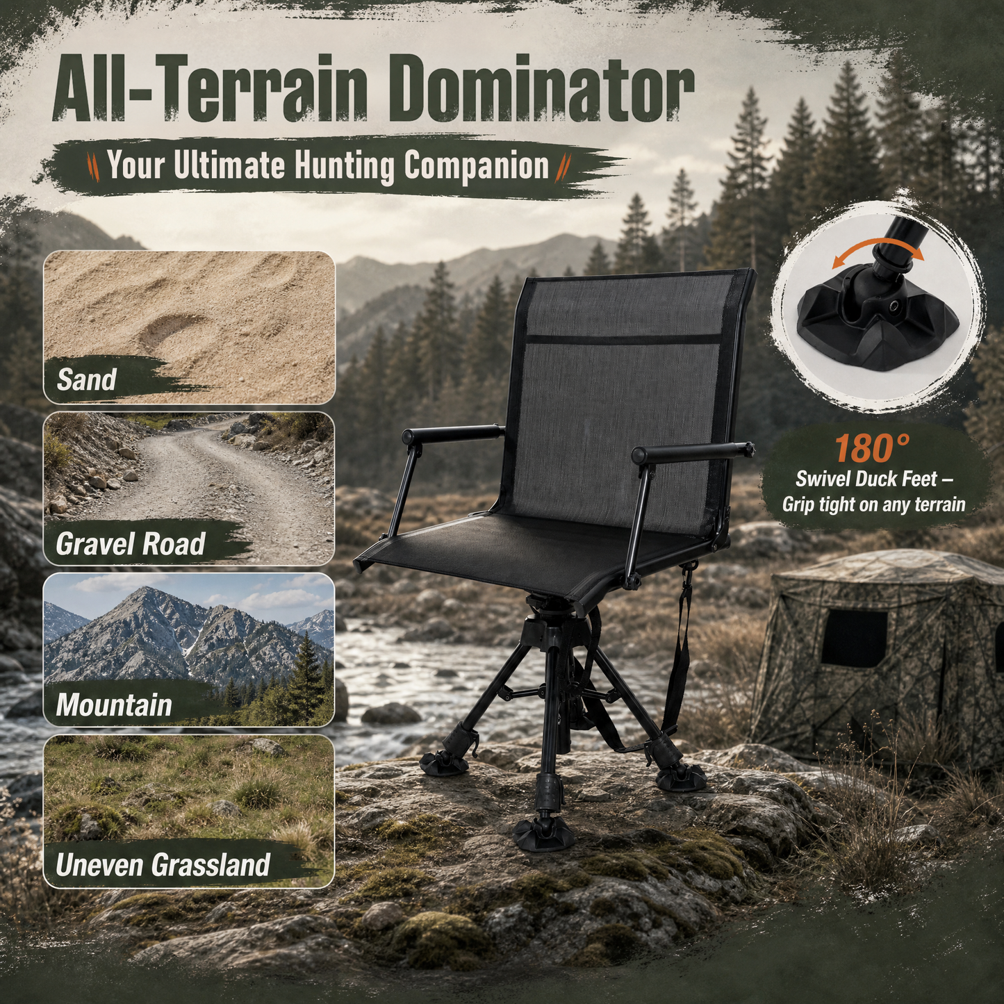 NETAJE 360°Swivel Hunting Blind Chair with Adjustable Legs, Folding Portable Hunting Chair with Cup Holder for Deer Hunting Fishing Camping Ground Blinds