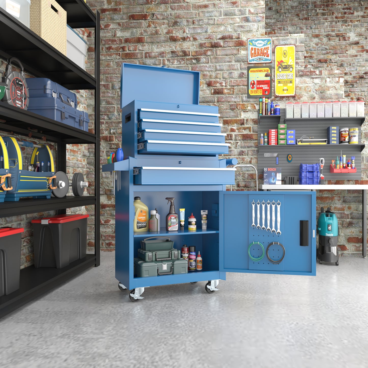 MUCHANT 5-Drawer Rolling Tool Chest, 2-in-1 Tool Box& Cabinet with Wheels, Drawers and Removable Top Tool Box for Garage, Warehouse, Workshop, Repair Shop, Blue
