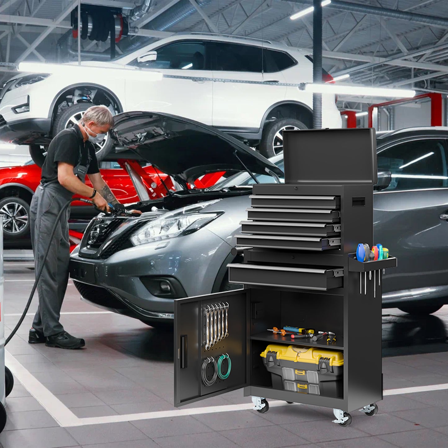 MUCHANT 5-Drawer Rolling Tool Chest, 2-in-1 Tool Box& Cabinet with Wheels, Drawers and Removable Top Tool Box for Garage, Warehouse, Workshop, Repair Shop, Black