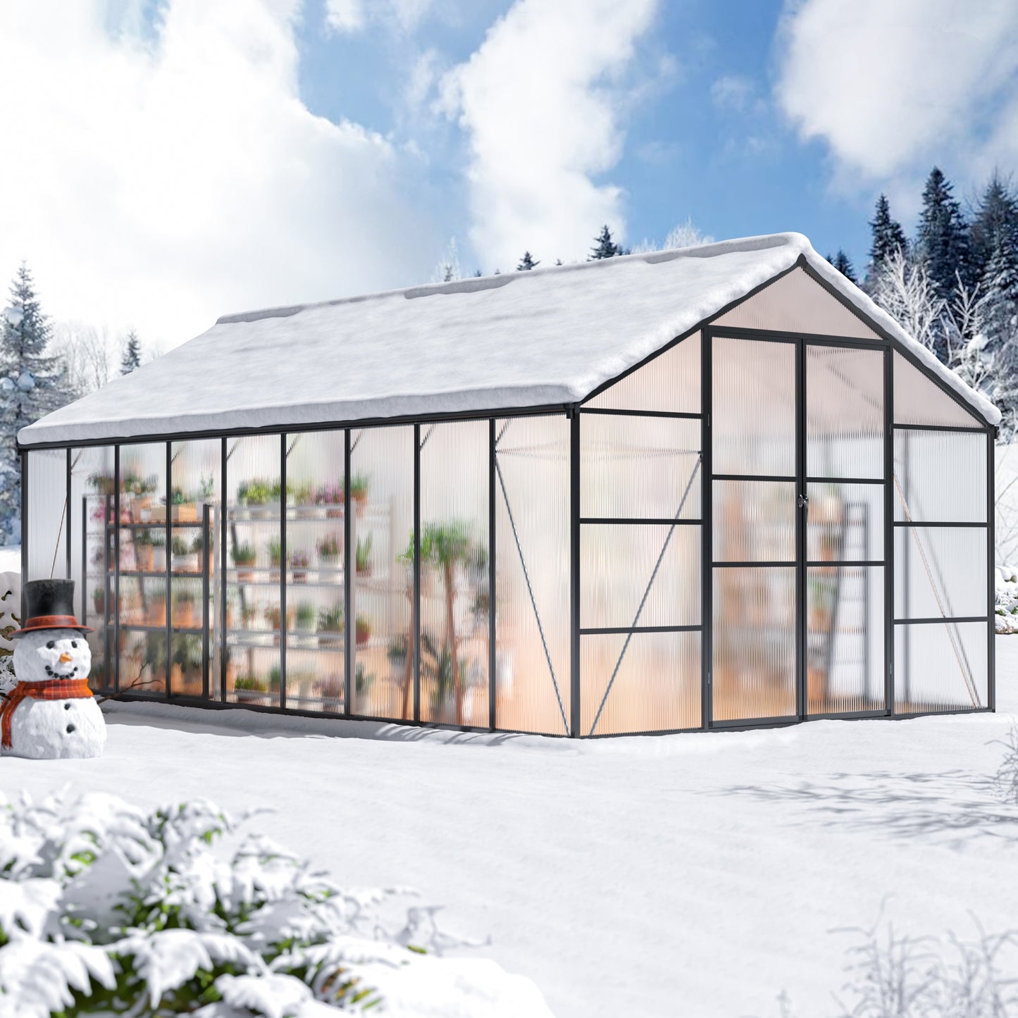 MUCHANT 10x18 FT Greenhouse for Outdoors, Walk-in Large Aluminum Frame Greenhouse with Quick Setup Structure and Roof Vent for Garden Backyard, Black