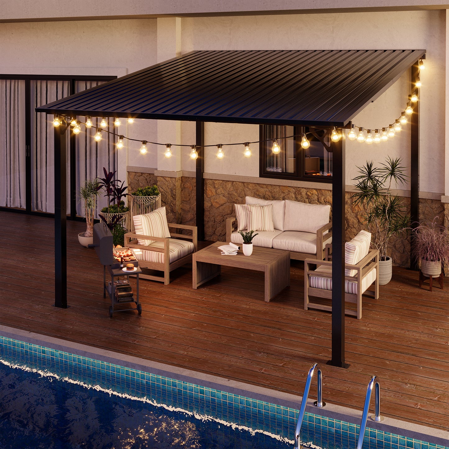 NETAJE 10'x10' Outdoor Metal Gazebo, Hardtop Wall Mounted Gazebo & Pergola with Metal Sloping Roof, for Backyard, Deck, Patio