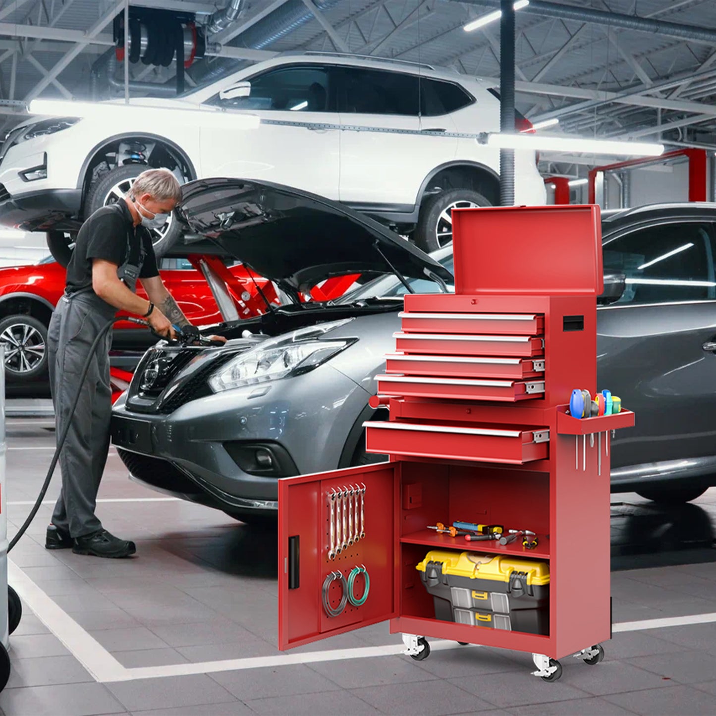 MUCHANT 5-Drawer Rolling Tool Chest, 2-in-1 Tool Box& Cabinet with Wheels, Drawers and Removable Top Tool Box for Garage, Warehouse, Workshop, Repair Shop, Red