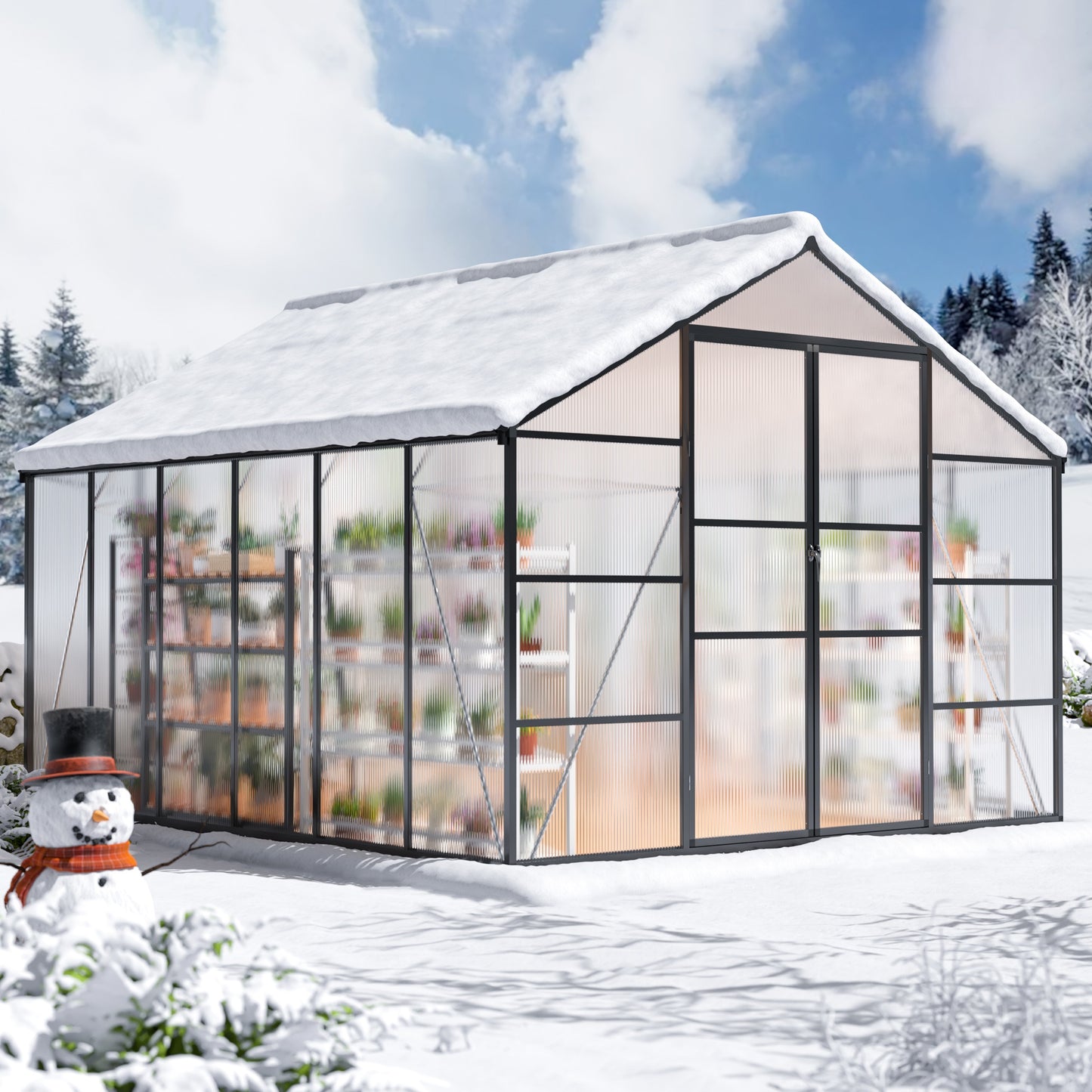 MUCHANT 10x12 FT Greenhouse for Outdoors, Walk-in Large Aluminum Frame Greenhouse with Quick Setup Structure and Roof Vent for Garden Backyard, Black