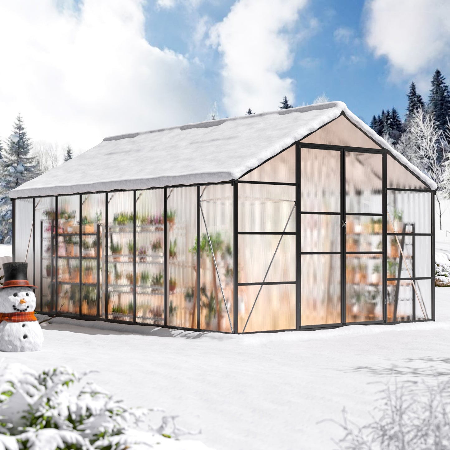 MUCHANT 10x16 FT Greenhouse for Outdoors, Walk-in Large Aluminum Frame Greenhouse with Quick Setup Structure and Roof Vent for Garden Backyard, Black