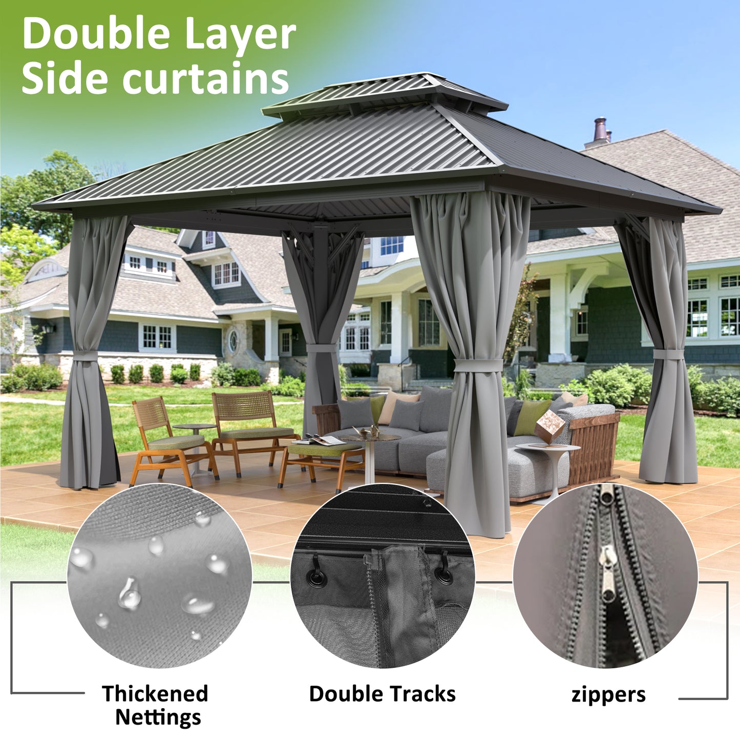 10x12 FT Hardtop Gazebo, Heavy Duty Gazebo with Aluminum Frame and Galvanized Steel Double Roof for Garden, Patio, Lawns, Grey