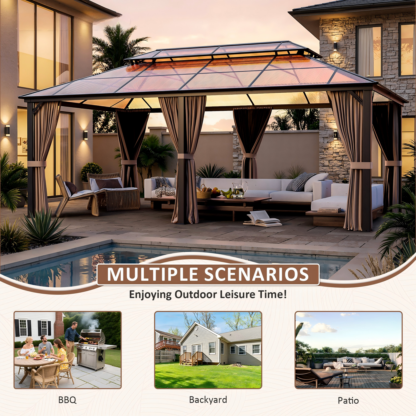 NETAJE 12x20 FT Hardtop Gazebo, Heavy Duty Gazebo with Aluminum Frame and PC Panel Double Roof, Outdoor Permanent Pavilion with Curtains and Mosquito Netting for Patio, Backyard, Lawn