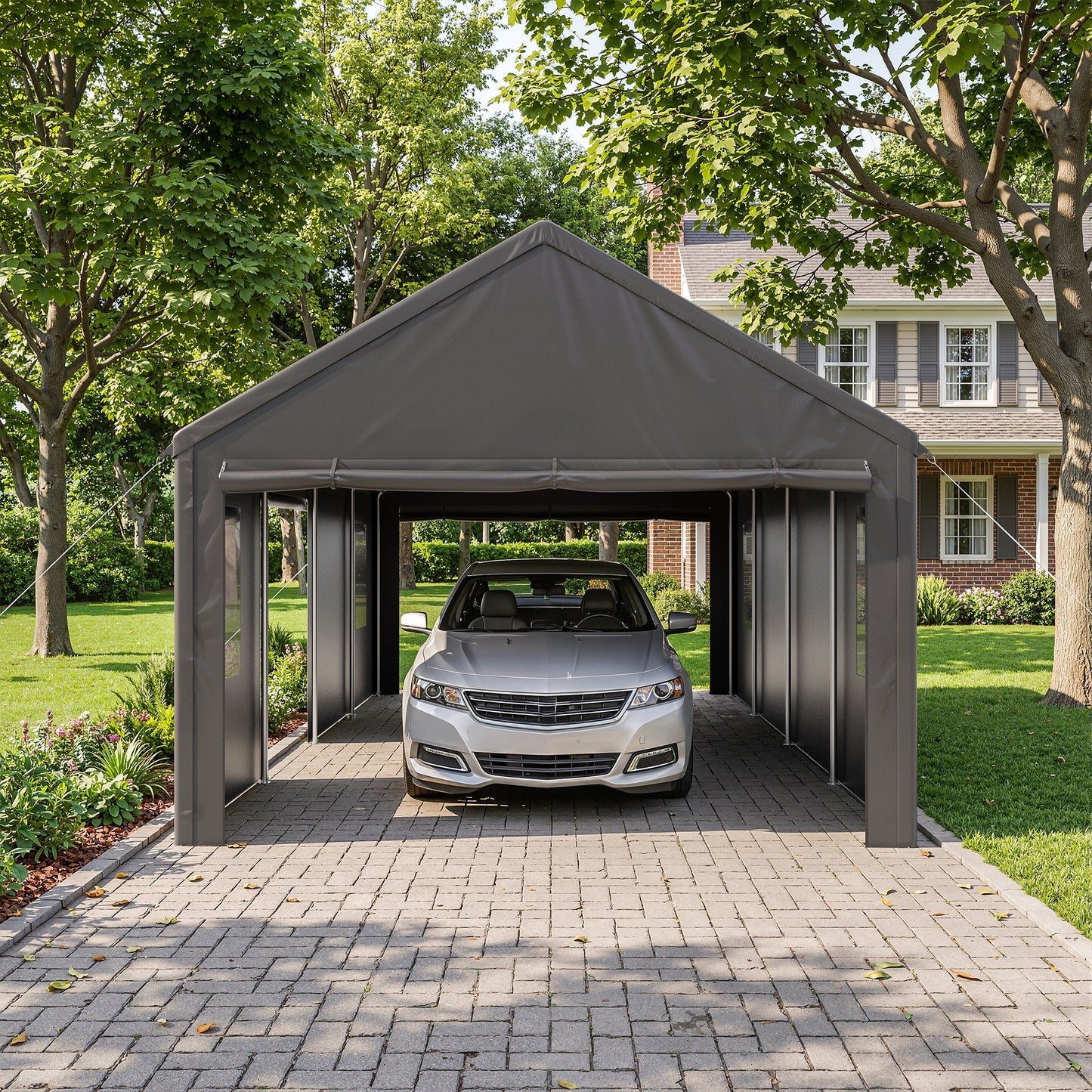 NETAJE 13'x25' Heavy Duty Portable Outdoor Garage Carport with Side-Opening Door, Roll-up Windows, Four-Hole Base for Car, Black