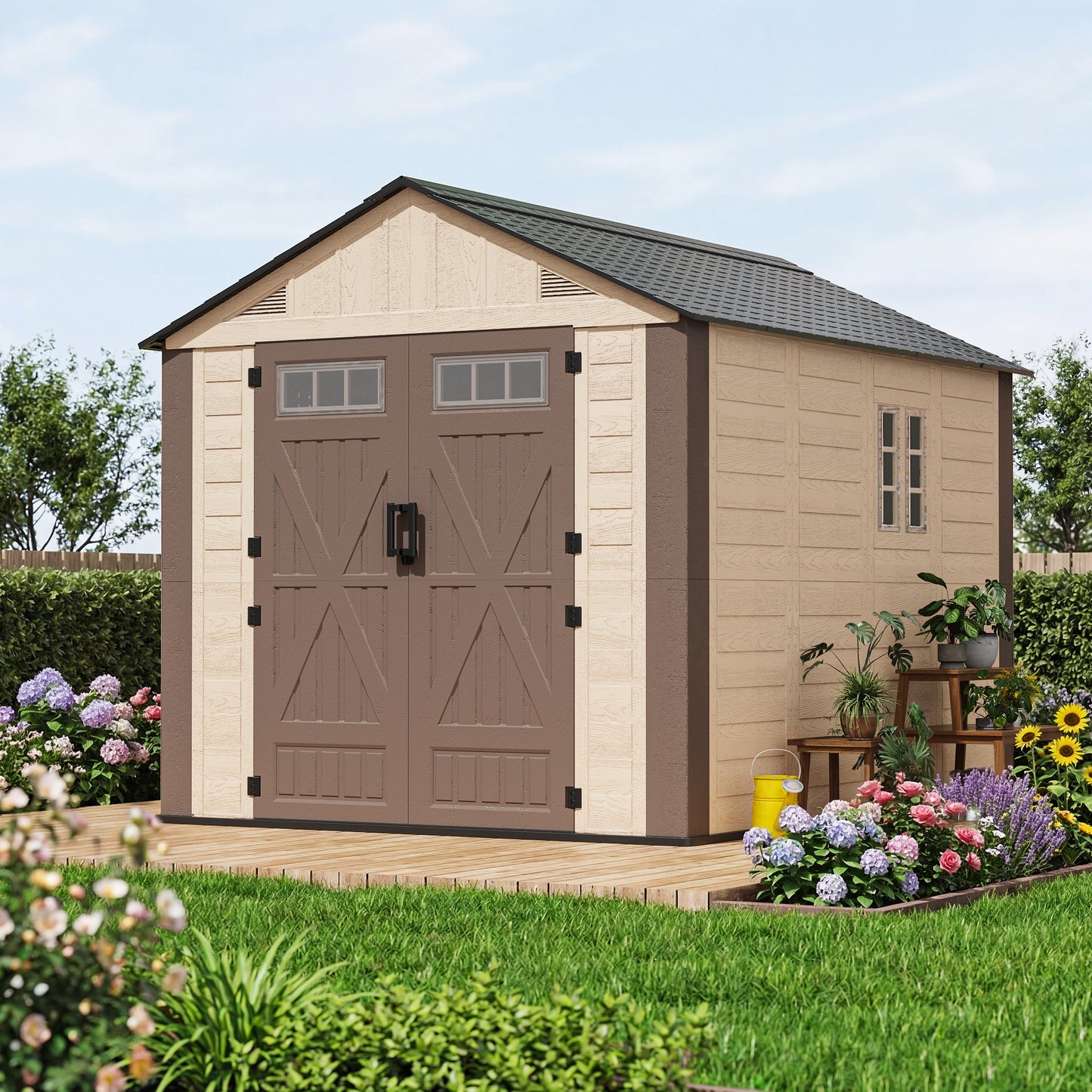 NETAJE 8x10 ft Resin Storage Shed, Outdoor Plastic Tool Shed with Floor, Lockable Door, Window and Vents for Patio, Backyard, Beige & Brown