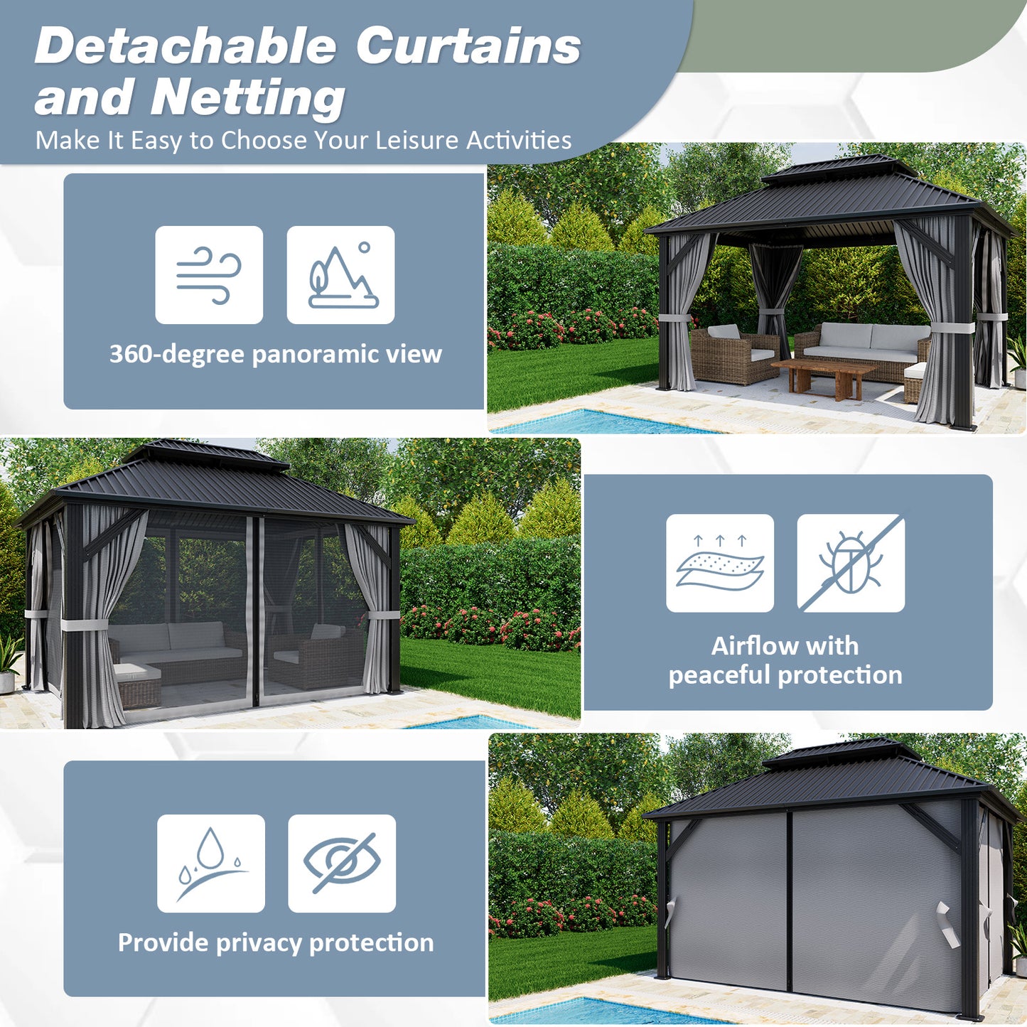 NETAJE 10'x12' Heavy Duty Hardtop Gazebo, Aluminum Frame & Galvanized Steel Double Roof Patio Pergola with Mosquito Netting and Curtains for Backyard, Garden