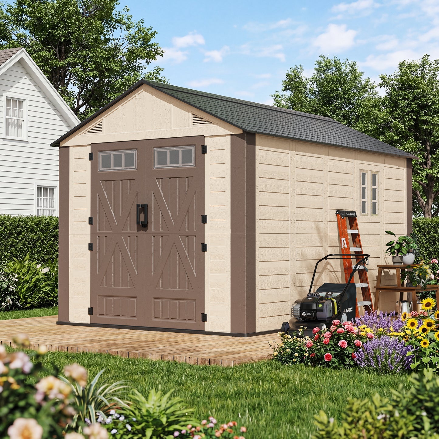 NETAJE 8x12 ft Resin Storage Shed, Outdoor Plastic Tool Shed with Floor, Lockable Door, Window and Vents for Patio, Backyard, Beige & Brown