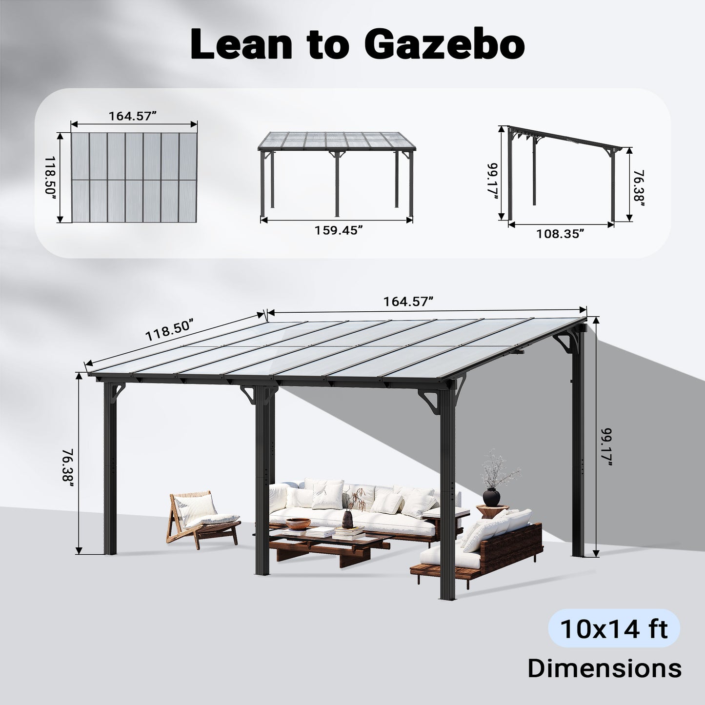 NETAJE 10'x14' Wall Mounted Gazebo Awnings, Permanent Hardtop Aluminum Pergola with Polycarbonate Roof, Outdoor Patio Canopy Shade Cover for Backyard, Decks, Garden