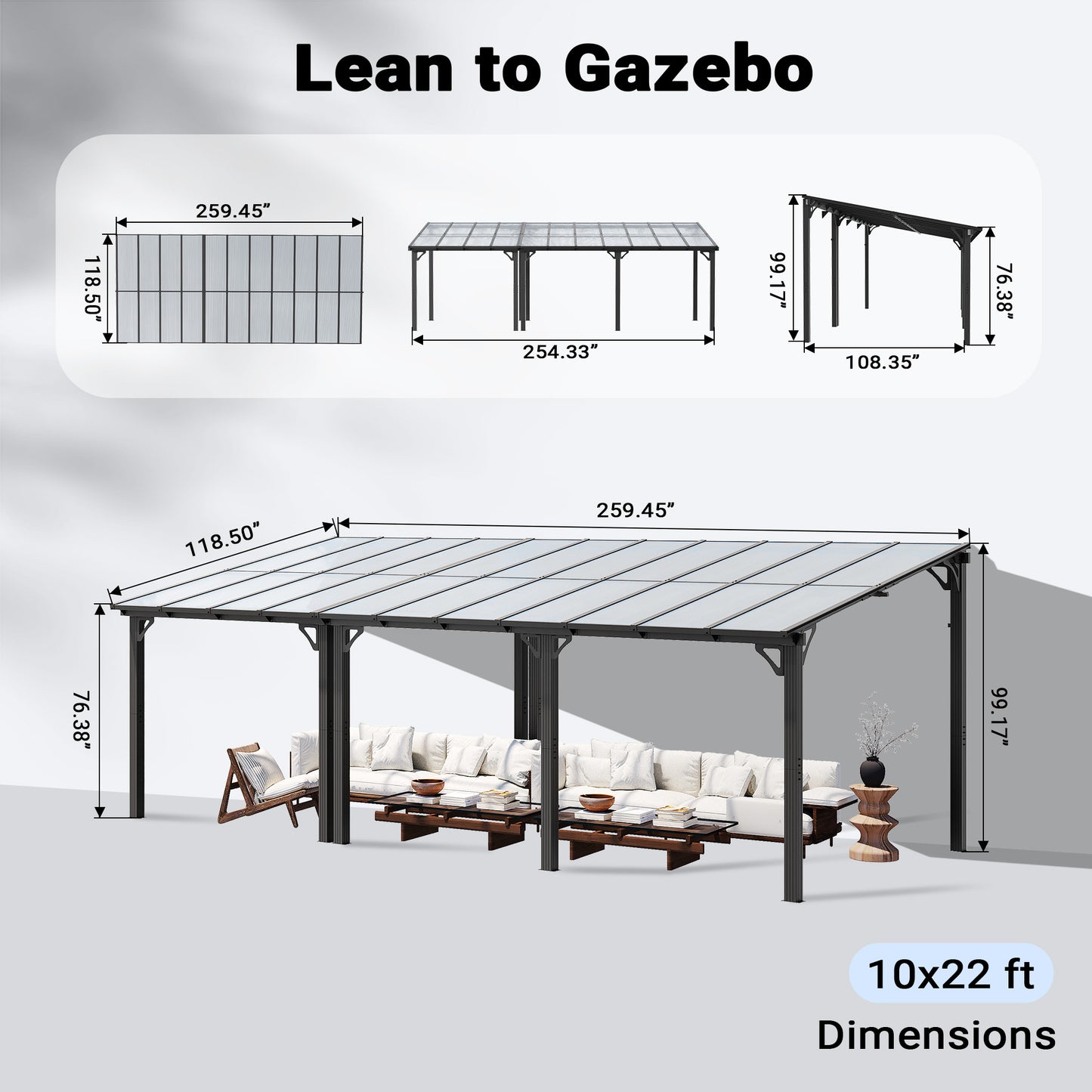 NETAJE 10'x22' Wall Mounted Gazebo Awnings, Permanent Hardtop Aluminum Pergola with Polycarbonate Roof, Outdoor Patio Canopy Shade Cover for Backyard, Decks, Garden