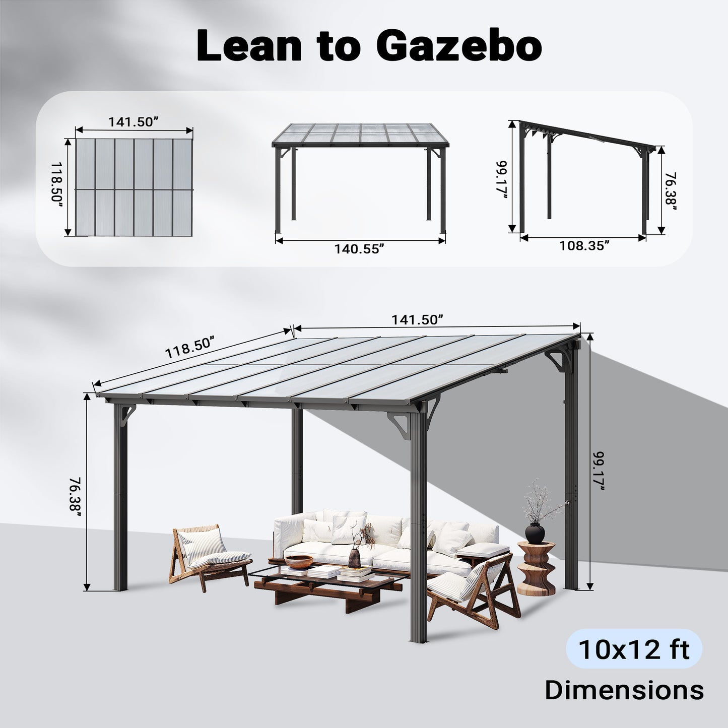 NETAJE 10'x12' Wall Mounted Gazebo Awnings, Permanent Hardtop Aluminum Pergola with Polycarbonate Roof, Outdoor Patio Canopy Shade Cover for Backyard, Decks, Garden