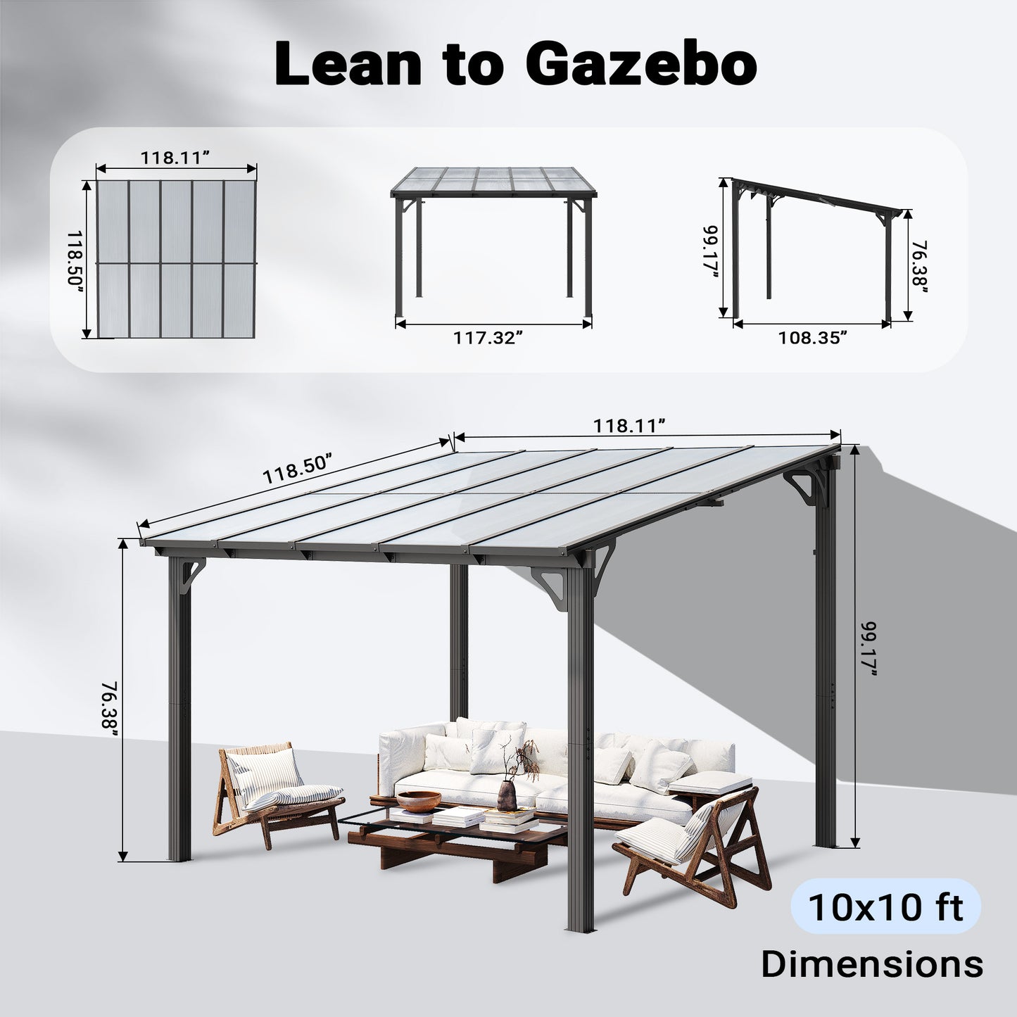 NETAJE 10'x10' Wall Mounted Gazebo Awnings, Permanent Hardtop Aluminum Pergola with Polycarbonate Roof, Outdoor Patio Canopy Shade Cover for Backyard, Decks, Garden