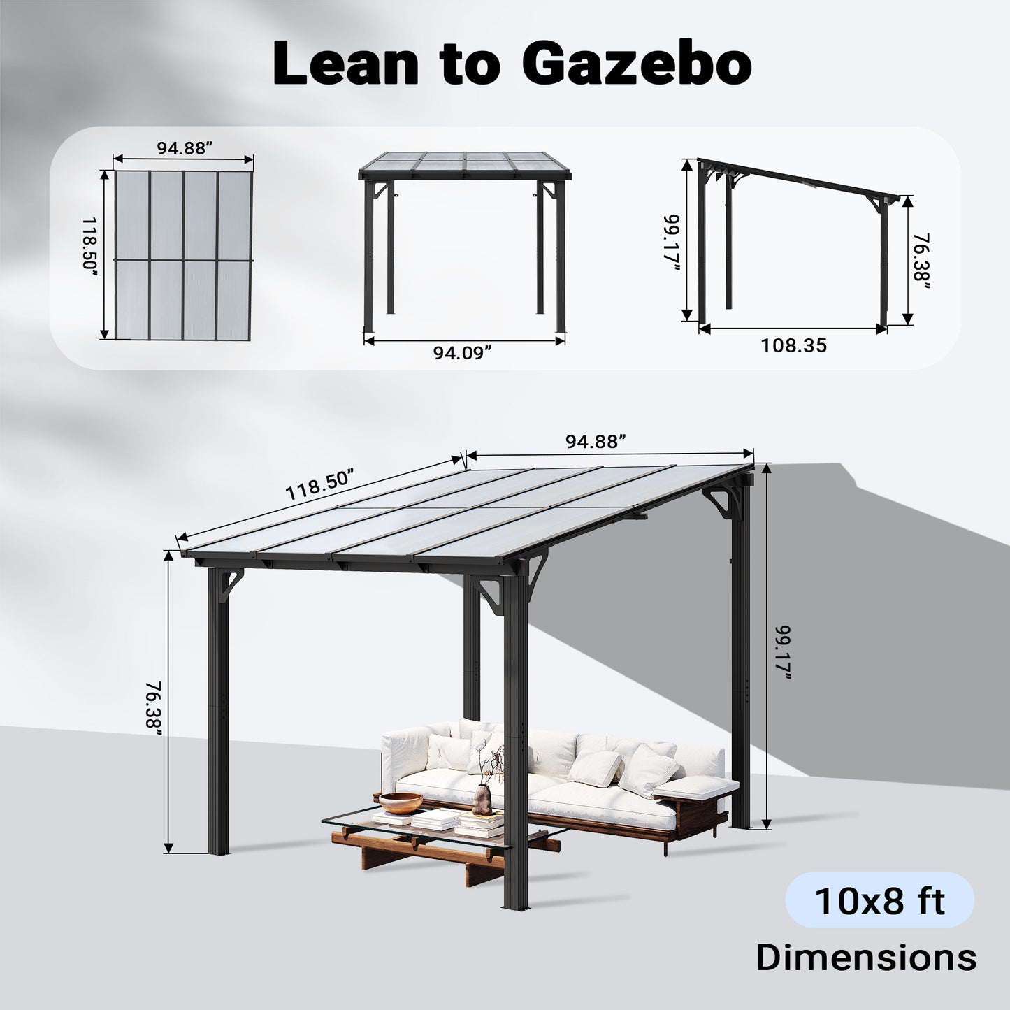 NETAJE 10'x8' Wall Mounted Gazebo Awnings, Permanent Hardtop Aluminum Pergola with Polycarbonate Roof, Outdoor Patio Canopy Shade Cover for Backyard, Decks, Garden