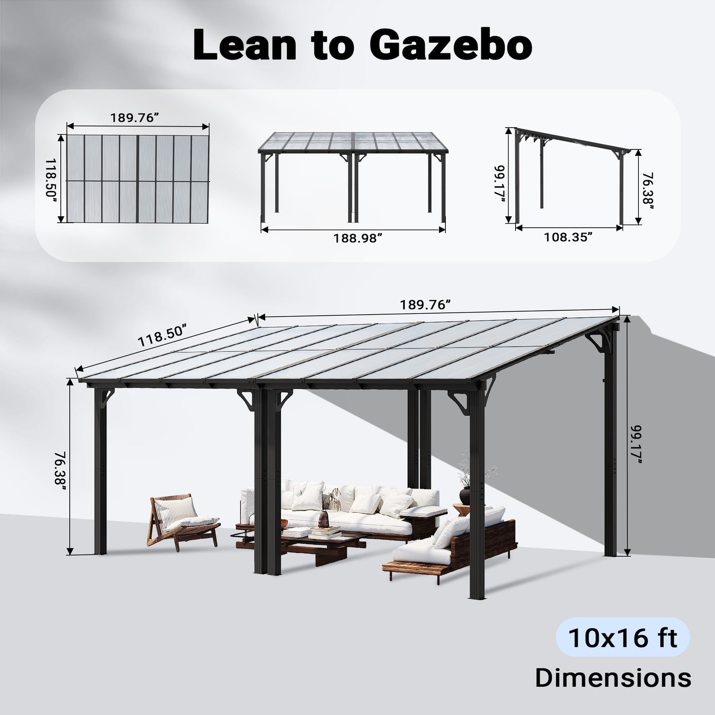 NETAJE 10'x16' Wall Mounted Gazebo Awnings, Permanent Hardtop Aluminum Pergola with Polycarbonate Roof, Outdoor Patio Canopy Shade Cover for Backyard, Decks, Garden