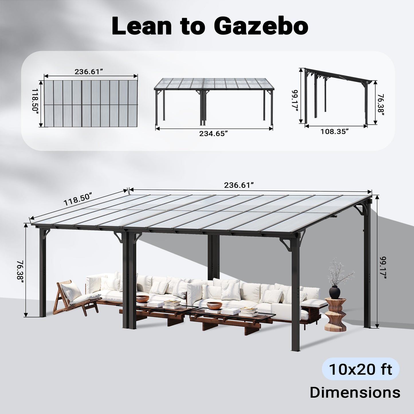 NETAJE 10'x20' Wall Mounted Gazebo Awnings, Permanent Hardtop Aluminum Pergola with Polycarbonate Roof, Outdoor Patio Canopy Shade Cover for Backyard, Decks, Garden