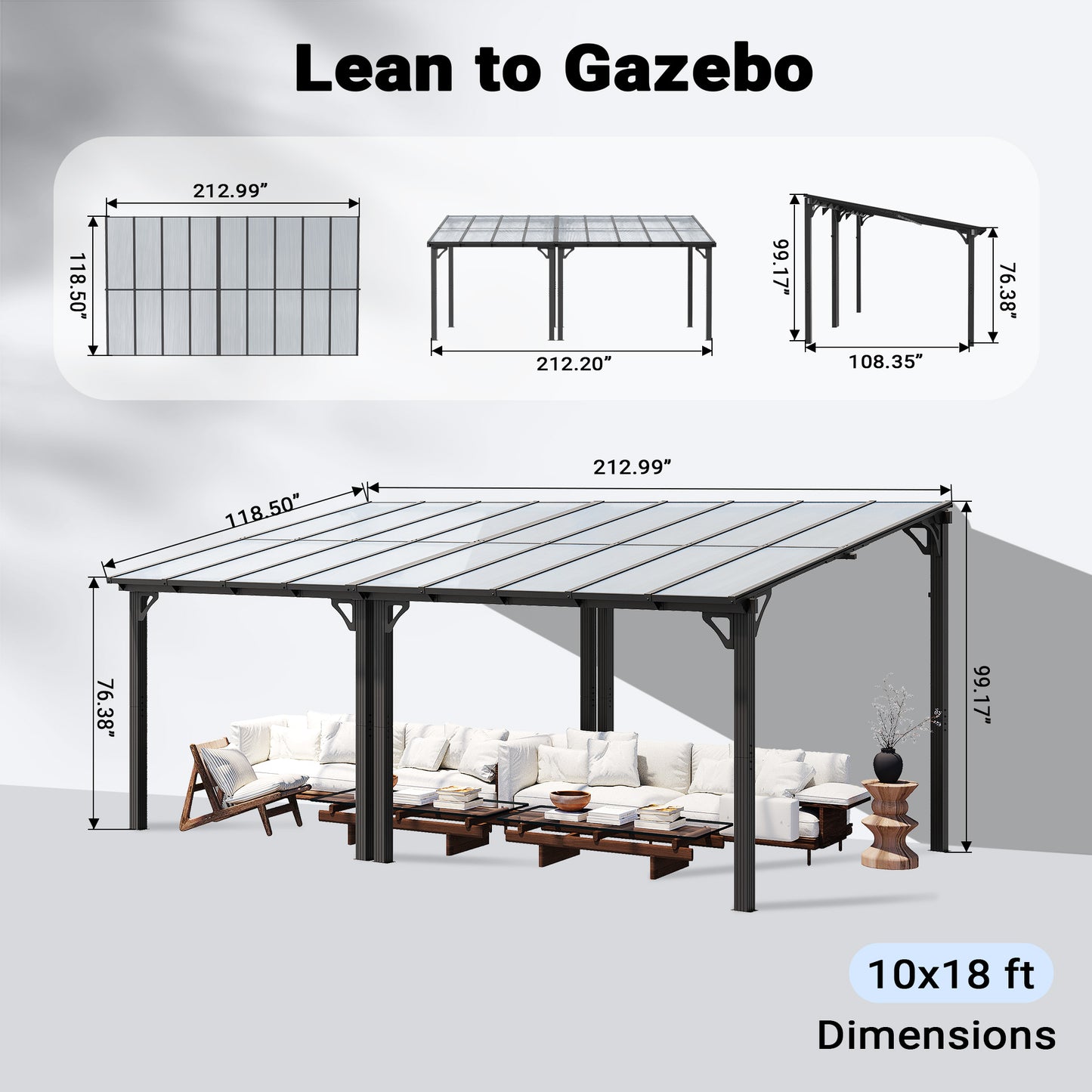 NETAJE 10'x18' Wall Mounted Gazebo Awnings, Permanent Hardtop Aluminum Pergola with Polycarbonate Roof, Outdoor Patio Canopy Shade Cover for Backyard, Decks, Garden