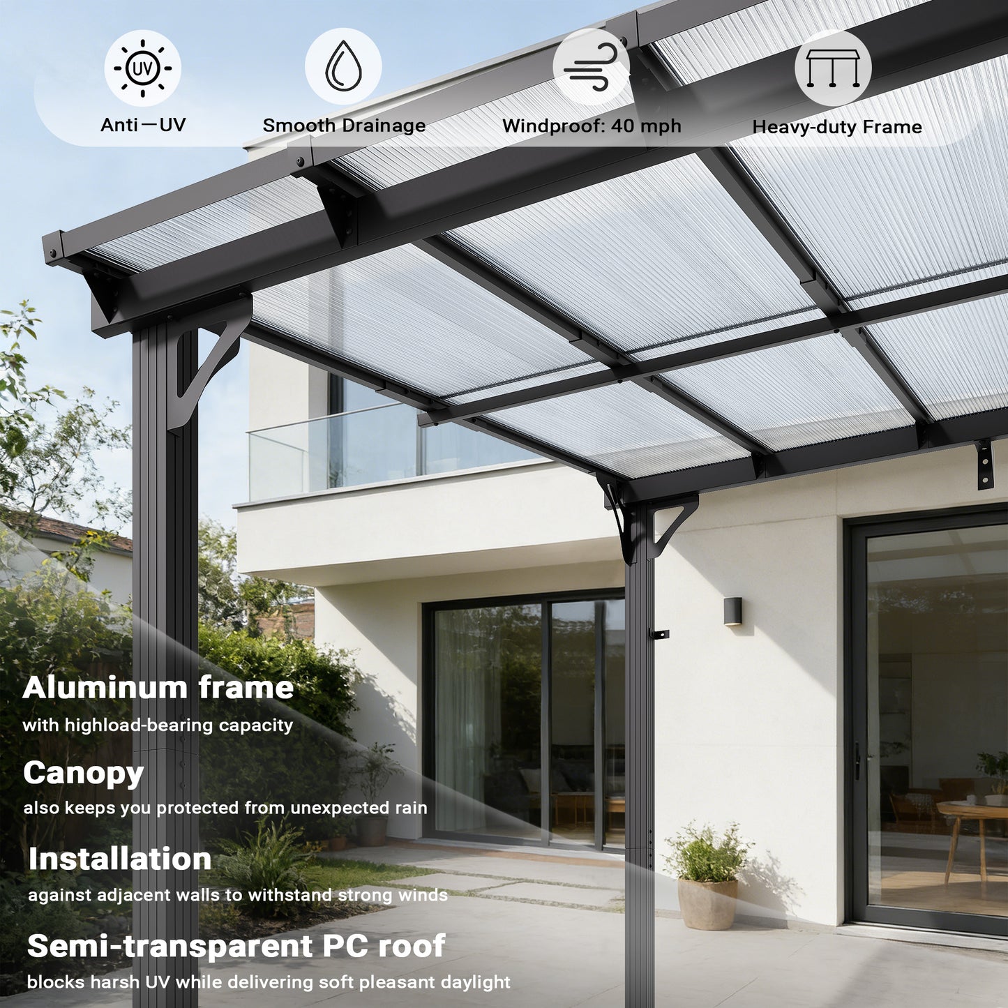 NETAJE 10'x10' Wall Mounted Gazebo Awnings, Permanent Hardtop Aluminum Pergola with Polycarbonate Roof, Outdoor Patio Canopy Shade Cover for Backyard, Decks, Garden