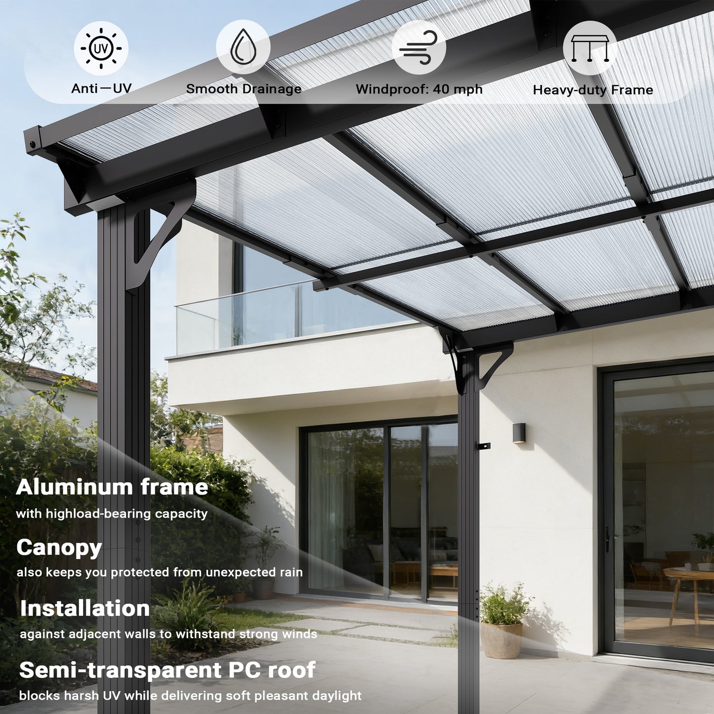 NETAJE 10'x8' Wall Mounted Gazebo Awnings, Permanent Hardtop Aluminum Pergola with Polycarbonate Roof, Outdoor Patio Canopy Shade Cover for Backyard, Decks, Garden