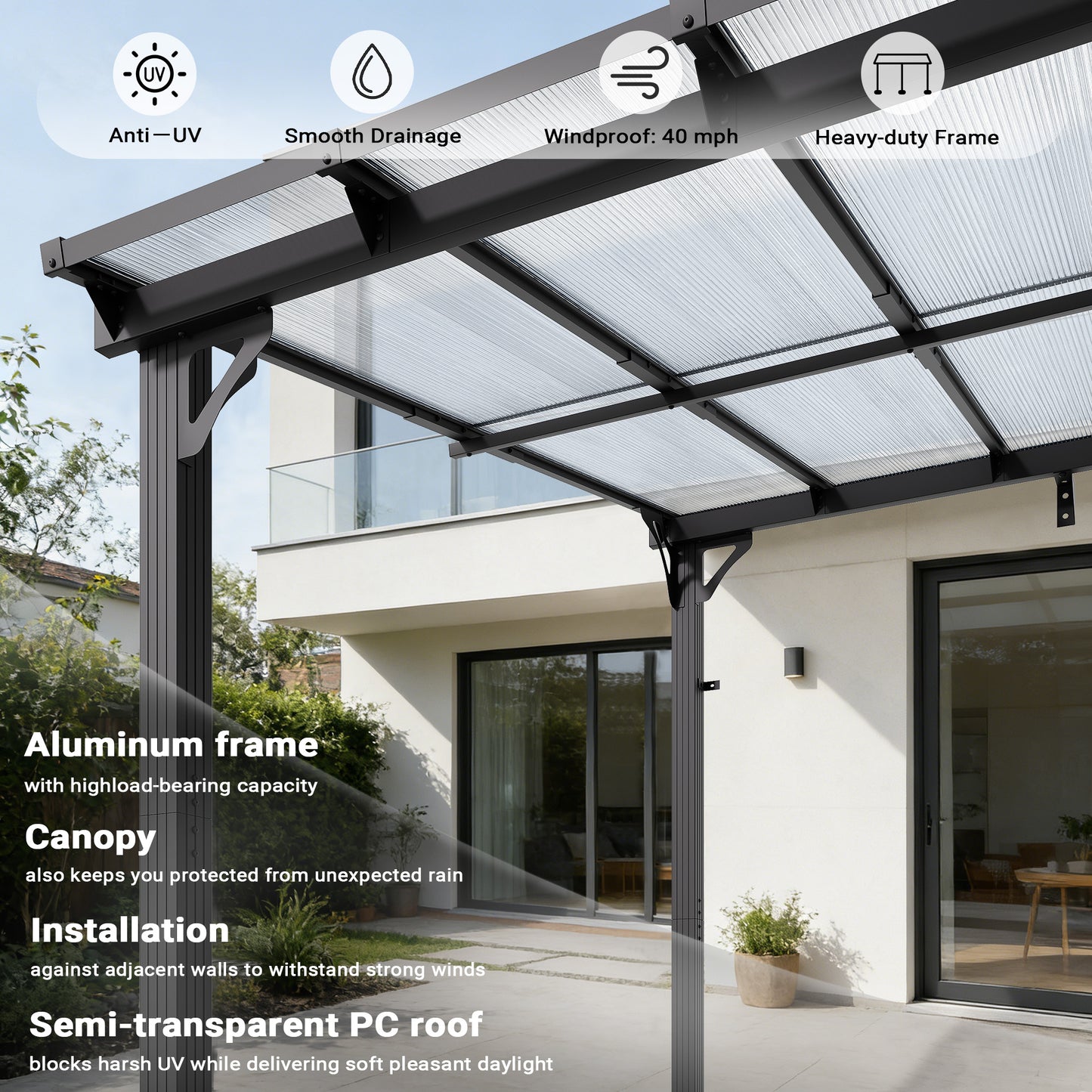 NETAJE 10'x12' Wall Mounted Gazebo Awnings, Permanent Hardtop Aluminum Pergola with Polycarbonate Roof, Outdoor Patio Canopy Shade Cover for Backyard, Decks, Garden