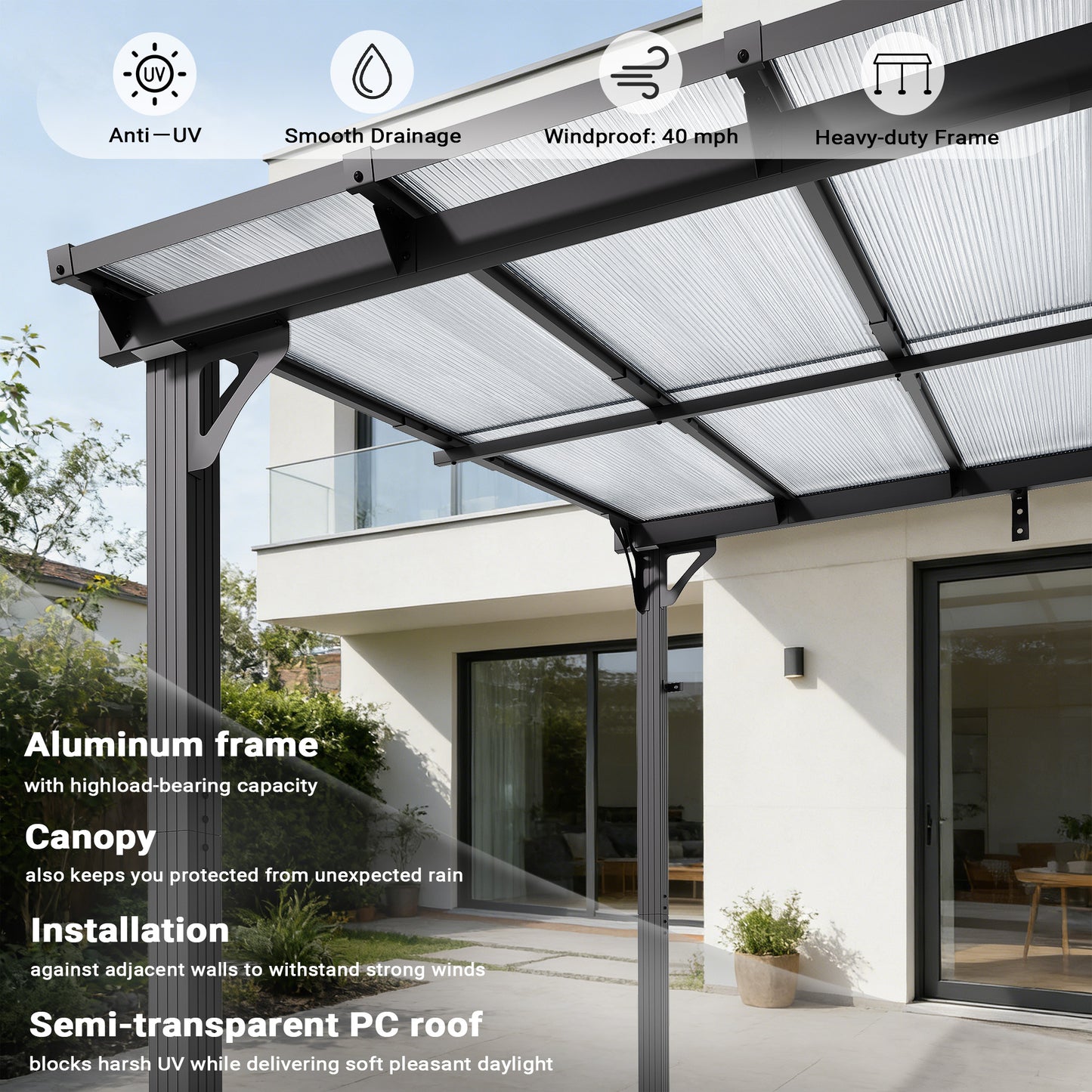 NETAJE 10'x16' Wall Mounted Gazebo Awnings, Permanent Hardtop Aluminum Pergola with Polycarbonate Roof, Outdoor Patio Canopy Shade Cover for Backyard, Decks, Garden