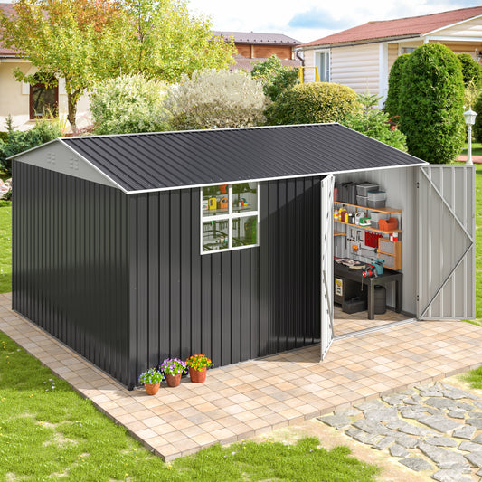 10'x12' Outdoor Metal Storage Garden Shed with Window, Lockable Doors and Air Vent for Backyard, Garden, Lawn