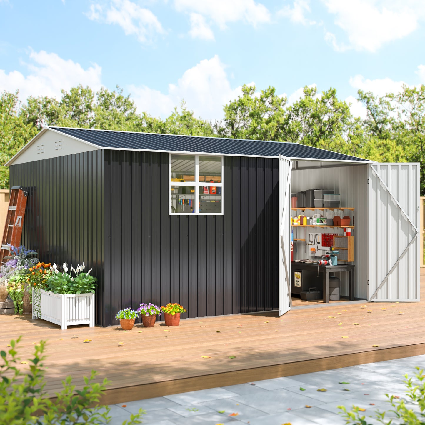 10'x12' Outdoor Metal Storage Garden Shed with Window, Lockable Doors and Air Vent for Backyard, Garden, Lawn